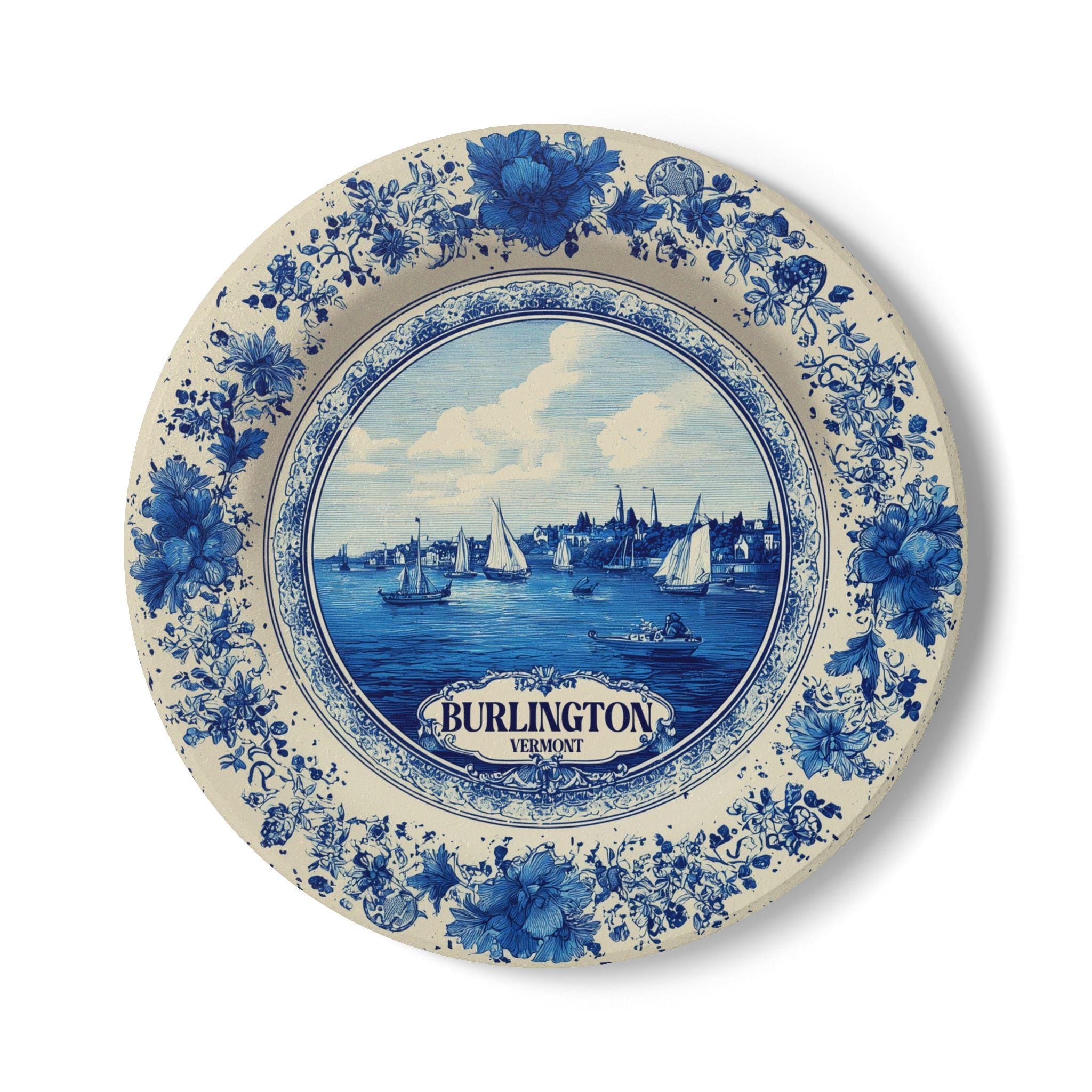 Burlington Vermont Delftware Ceramic Coaster, Blue White Travel Gift, Vintage Home Decor Collectible - CuteBeePix