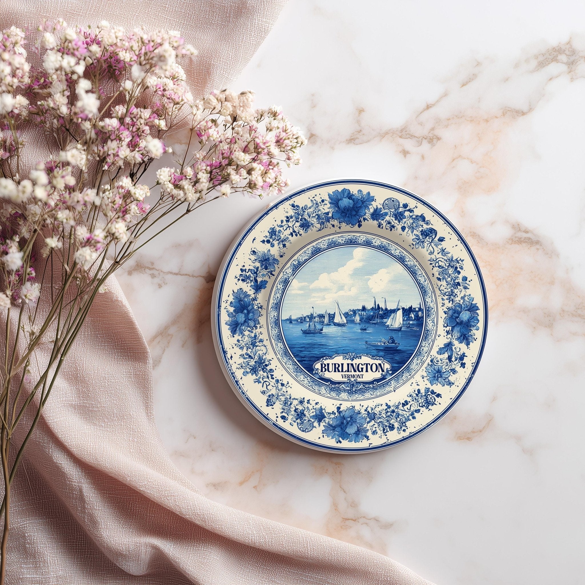 Burlington Vermont Delftware Ceramic Coaster, Blue White Travel Gift, Vintage Home Decor Collectible - CuteBeePix
