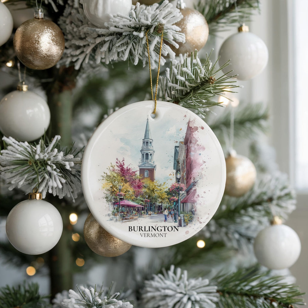 Burlington Vermont Personalized Watercolor Ornament, Custom Ceramic Christmas gift, Travel Keepsake - CuteBeePix