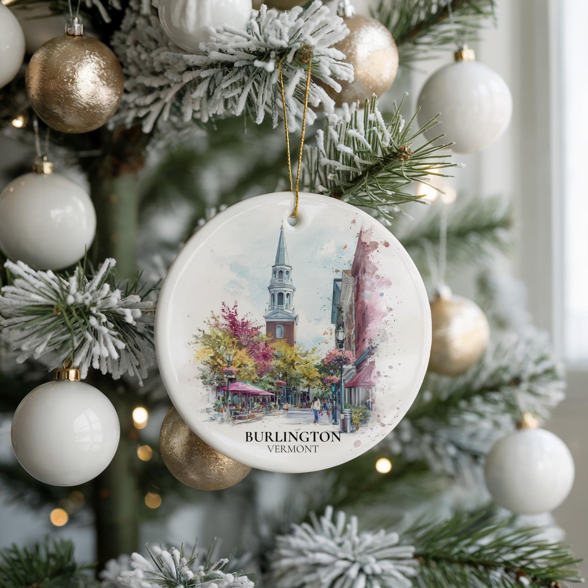 Burlington Vermont Personalized Watercolor Ornament, Custom Ceramic Christmas gift, Travel Keepsake - CuteBeePix