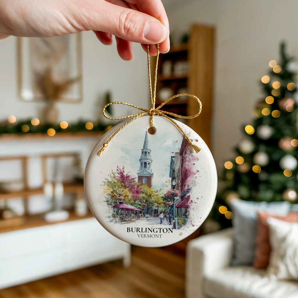 Burlington Vermont Personalized Watercolor Ornament, Custom Ceramic Christmas gift, Travel Keepsake - CuteBeePix