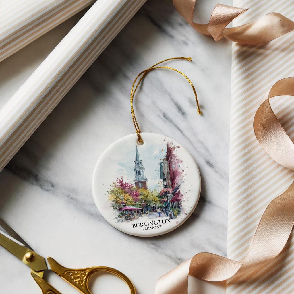 Burlington Vermont Personalized Watercolor Ornament, Custom Ceramic Christmas gift, Travel Keepsake - CuteBeePix