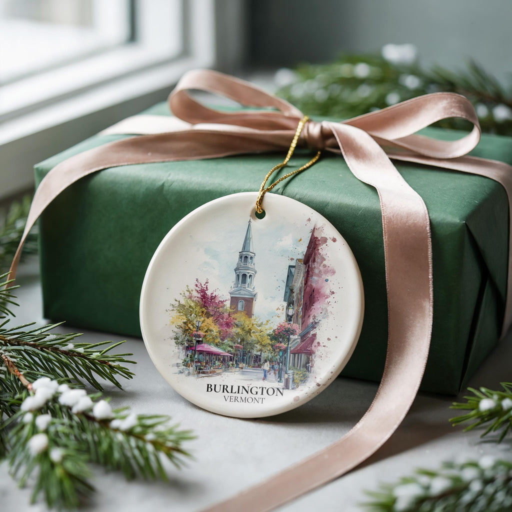 Burlington Vermont Personalized Watercolor Ornament, Custom Ceramic Christmas gift, Travel Keepsake - CuteBeePix