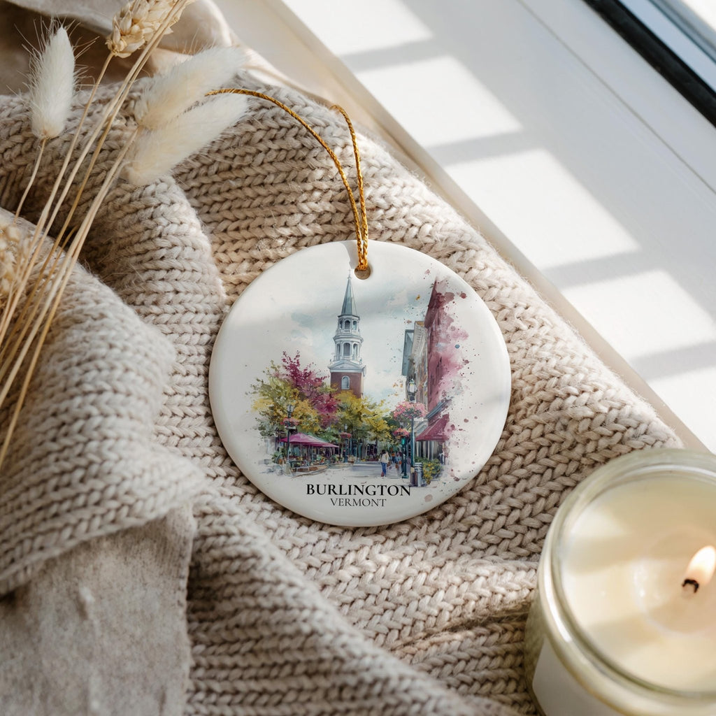 Burlington Vermont Personalized Watercolor Ornament, Custom Ceramic Christmas gift, Travel Keepsake - CuteBeePix