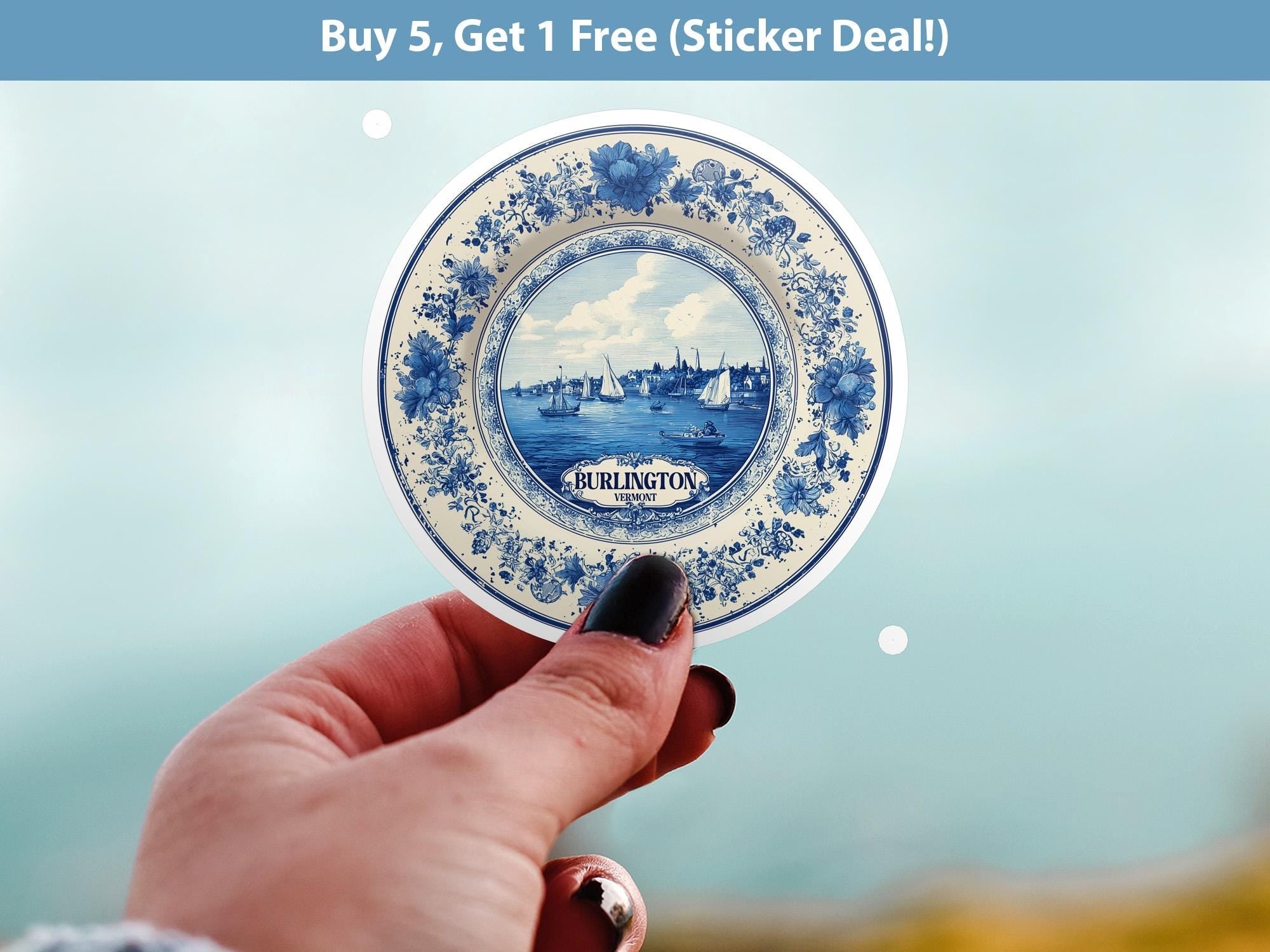 Burlington Vermont Sticker Vintage Delft style, Delftware Decal Waterproof Vinyl, Blue City Travel USA - CuteBeePix