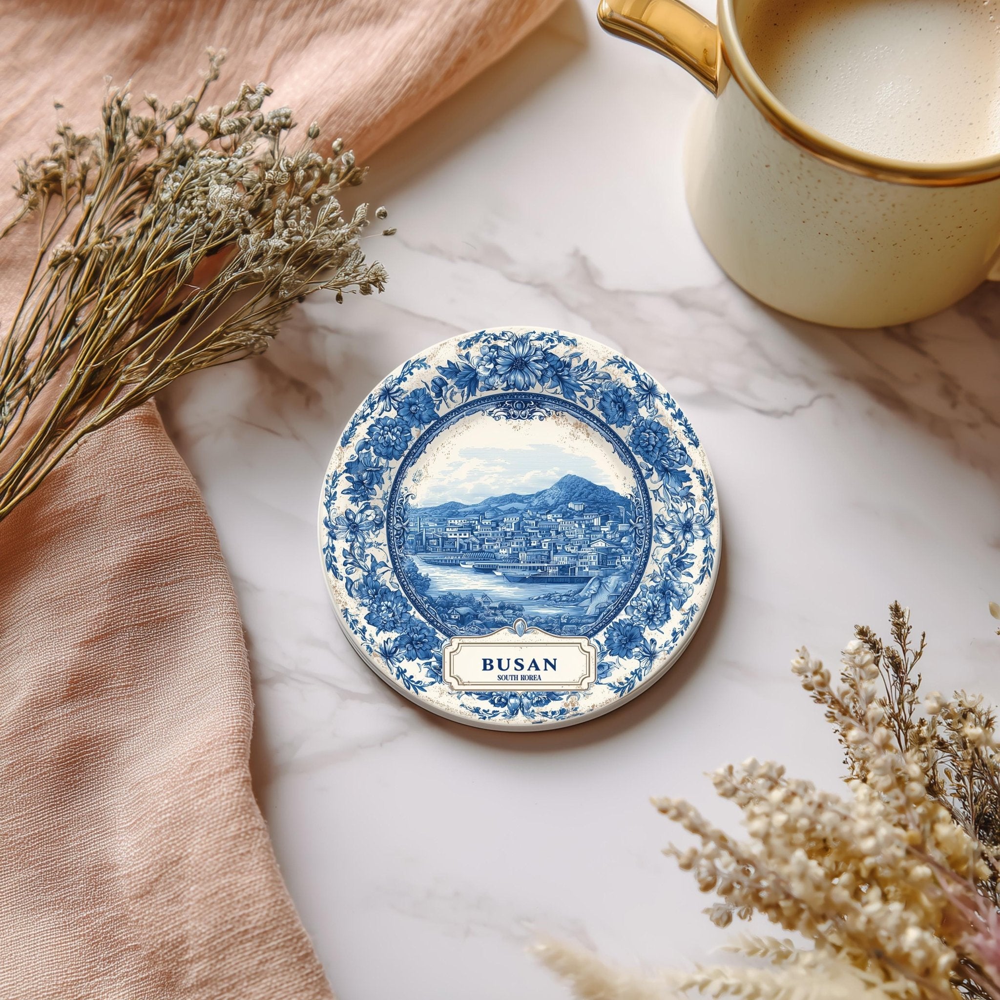 Busan South Korea Delftware Ceramic Coaster, Blue White Travel Gift, Vintage Home Decor Collectible - CuteBeePix