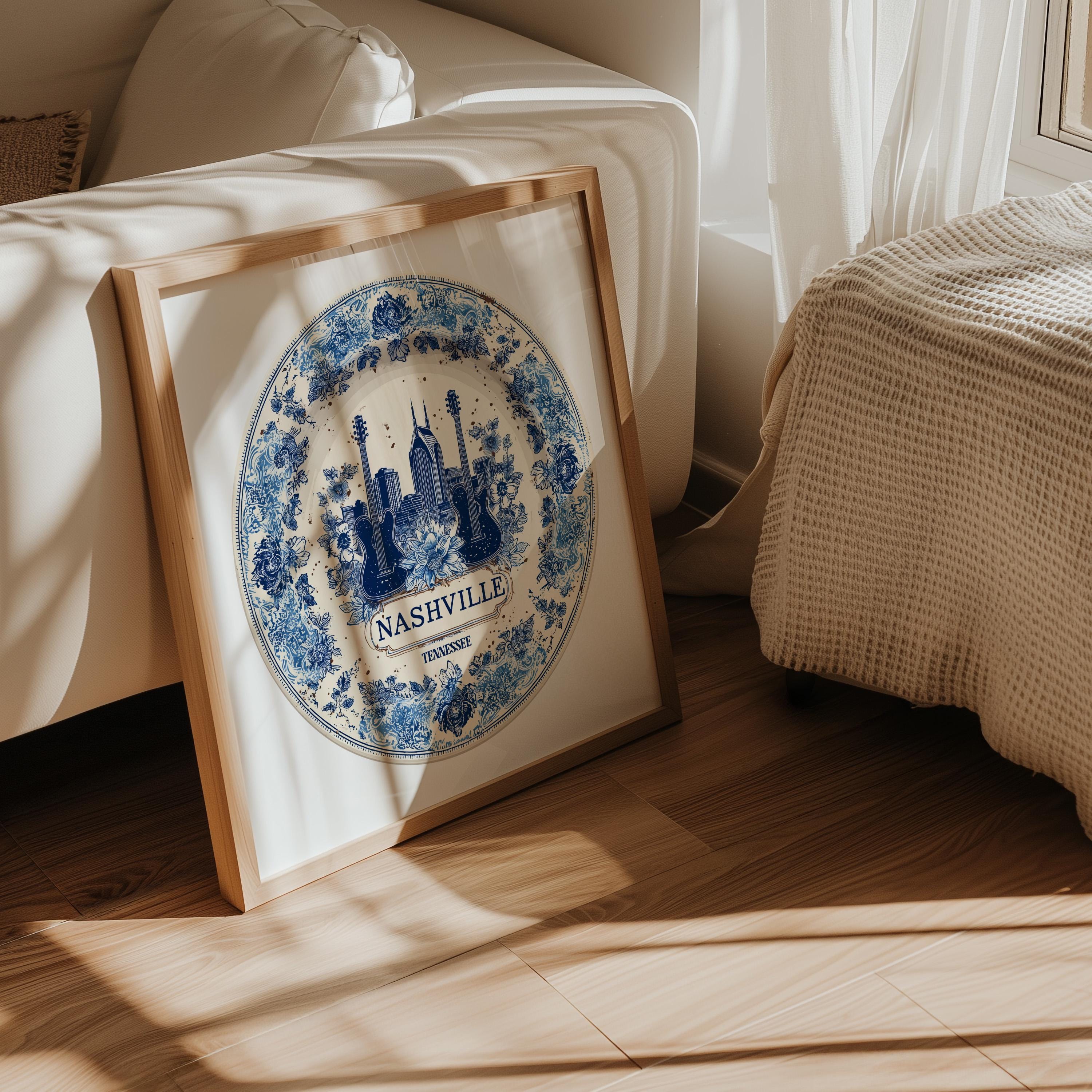 Nashville Tennessee Wall Art, Vintage Delft Blue Poster, City Print, Travel Home Decor