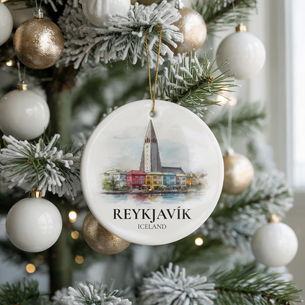 Reykjavik Iceland Personalized Watercolor Ornament, Custom Ceramic Christmas gift, Travel Keepsake