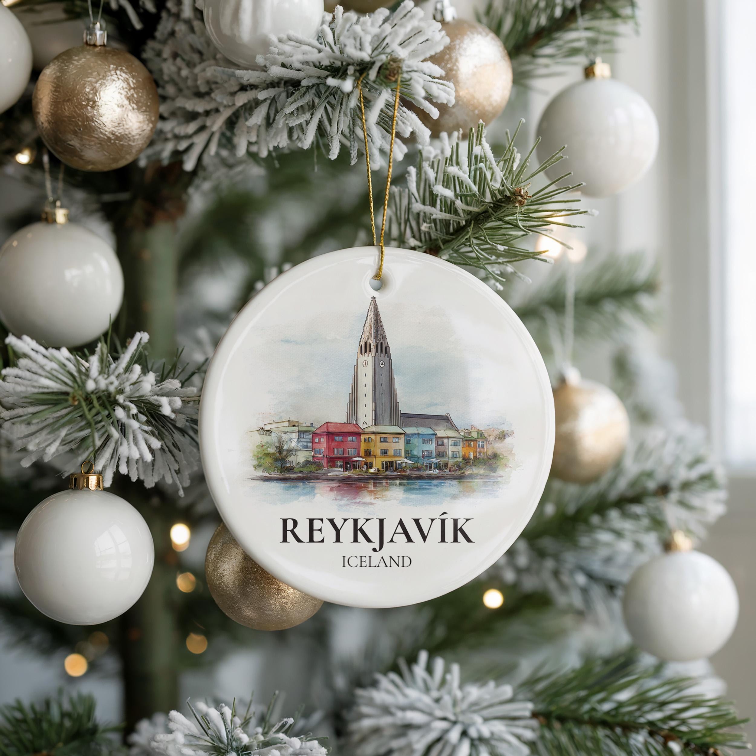 Reykjavik Iceland Personalized Watercolor Ornament, Custom Ceramic Christmas gift, Travel Keepsake
