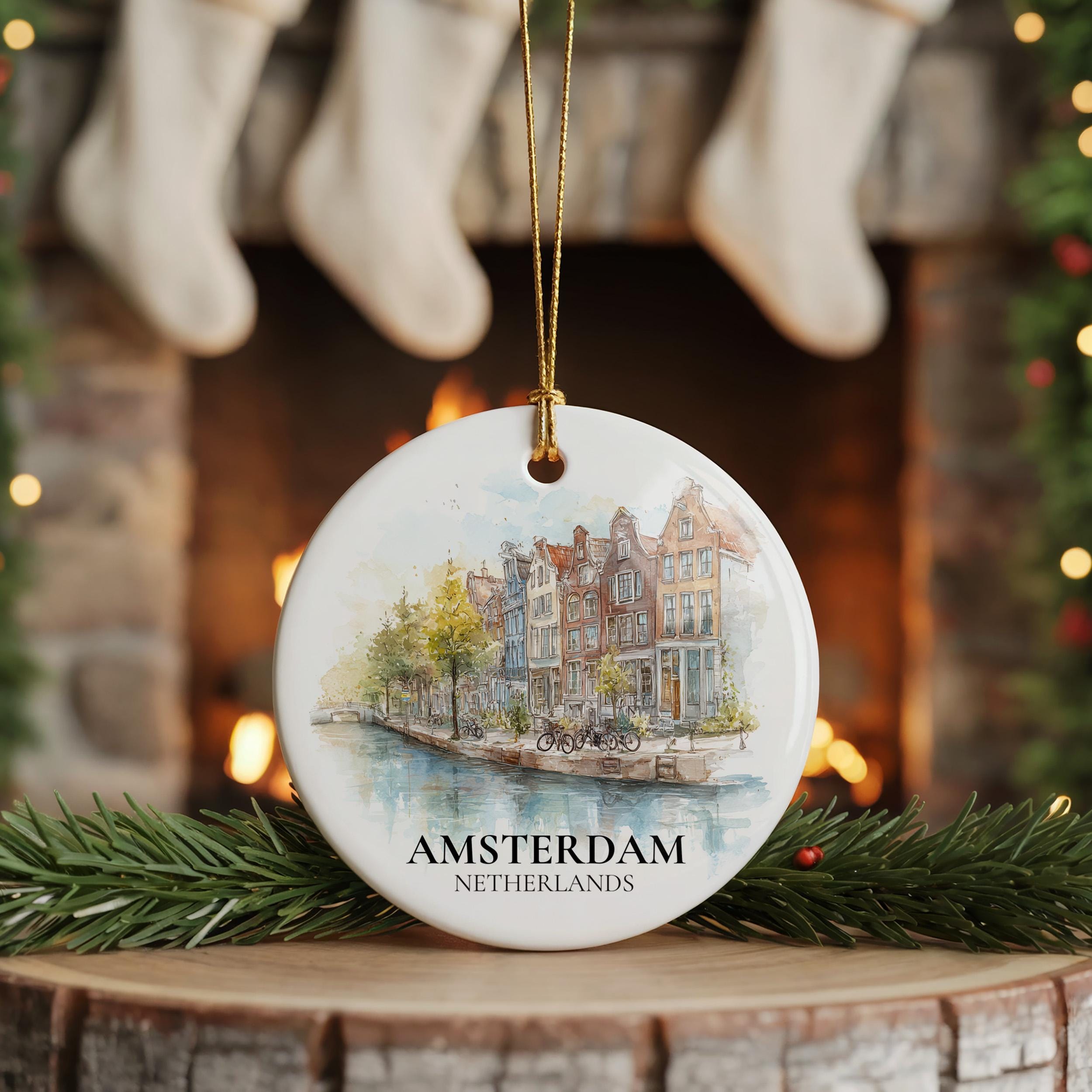 Amsterdam Netherlands Personalized Watercolor Ornament, Custom Ceramic Christmas gift, Travel Keepsake