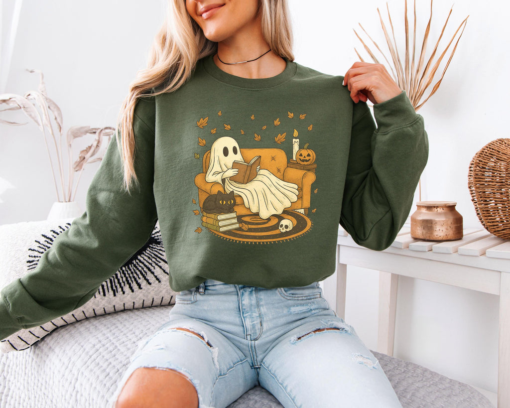 Ghost Book Reader Halloween Sweatshirt: Cozy Spooky Season Gift for book lovers