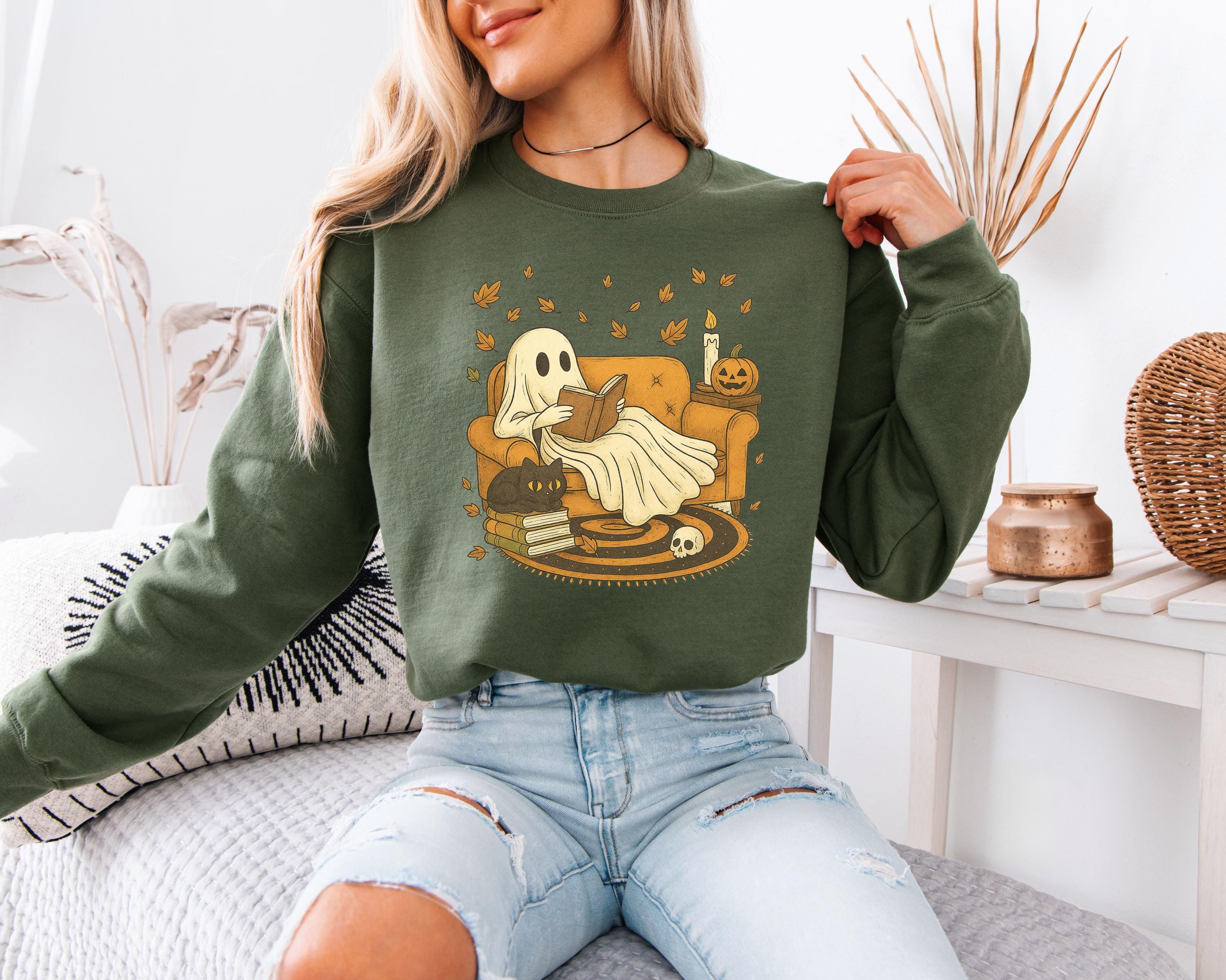 Ghost Book Reader Halloween Sweatshirt: Cozy Spooky Season Gift for book lovers