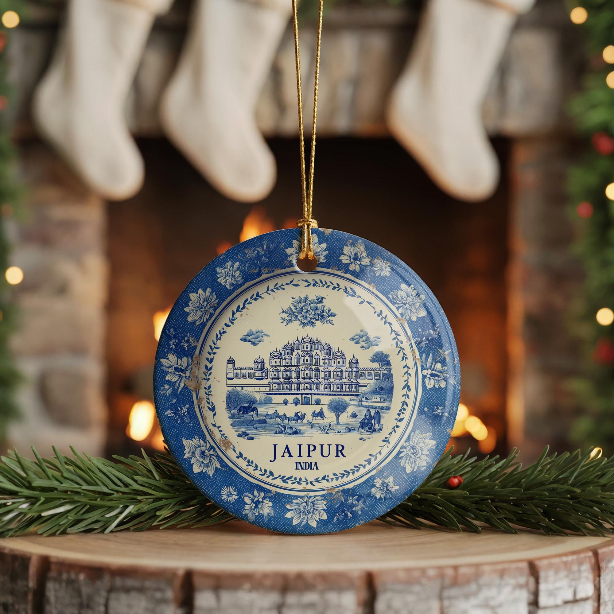 Custom Jaipur India Ceramic Delft Ornament, Christmas Delftware Blue Delftware city travel