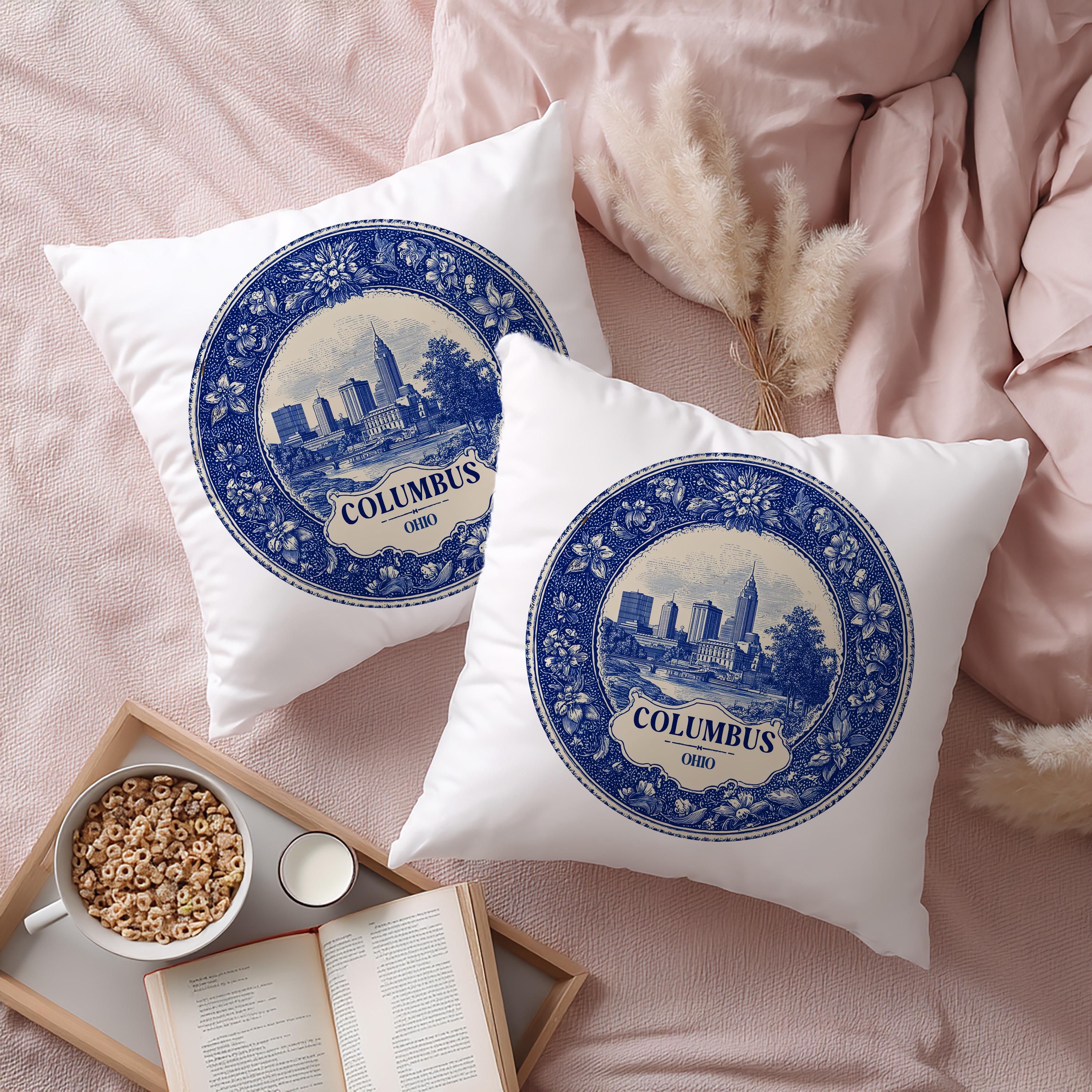 Columbus Ohio Pillowcase, Delft Style Decorative Throw Pillow, Vintage Cityscape Retro Home Decor