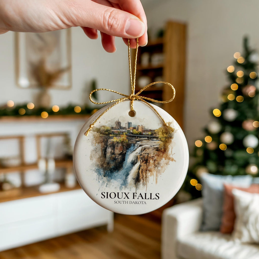 Sioux Falls South Dakota Personalized Watercolor Ornament, Custom Ceramic Christmas gift, Travel Keepsake
