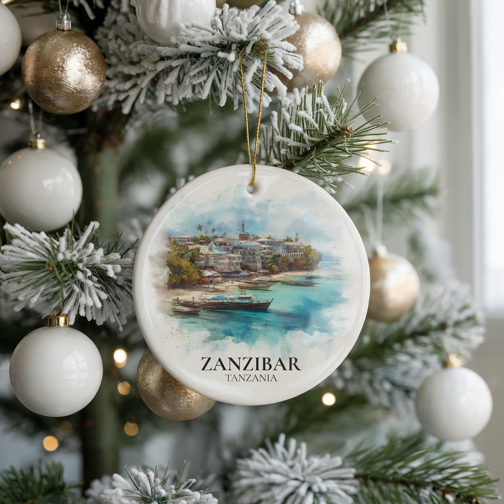 Zanzibar Tanzania Personalized Watercolor Ornament, Custom Ceramic Christmas gift, Travel Keepsake