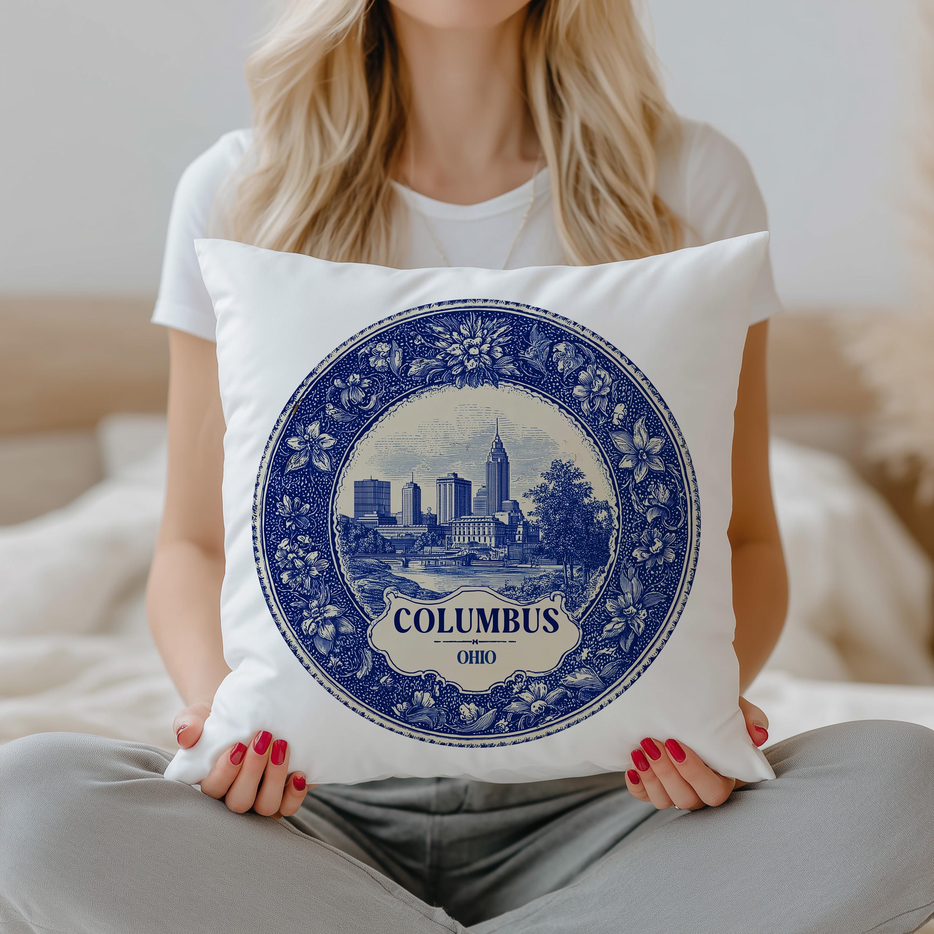 Columbus Ohio Pillowcase, Delft Style Decorative Throw Pillow, Vintage Cityscape Retro Home Decor
