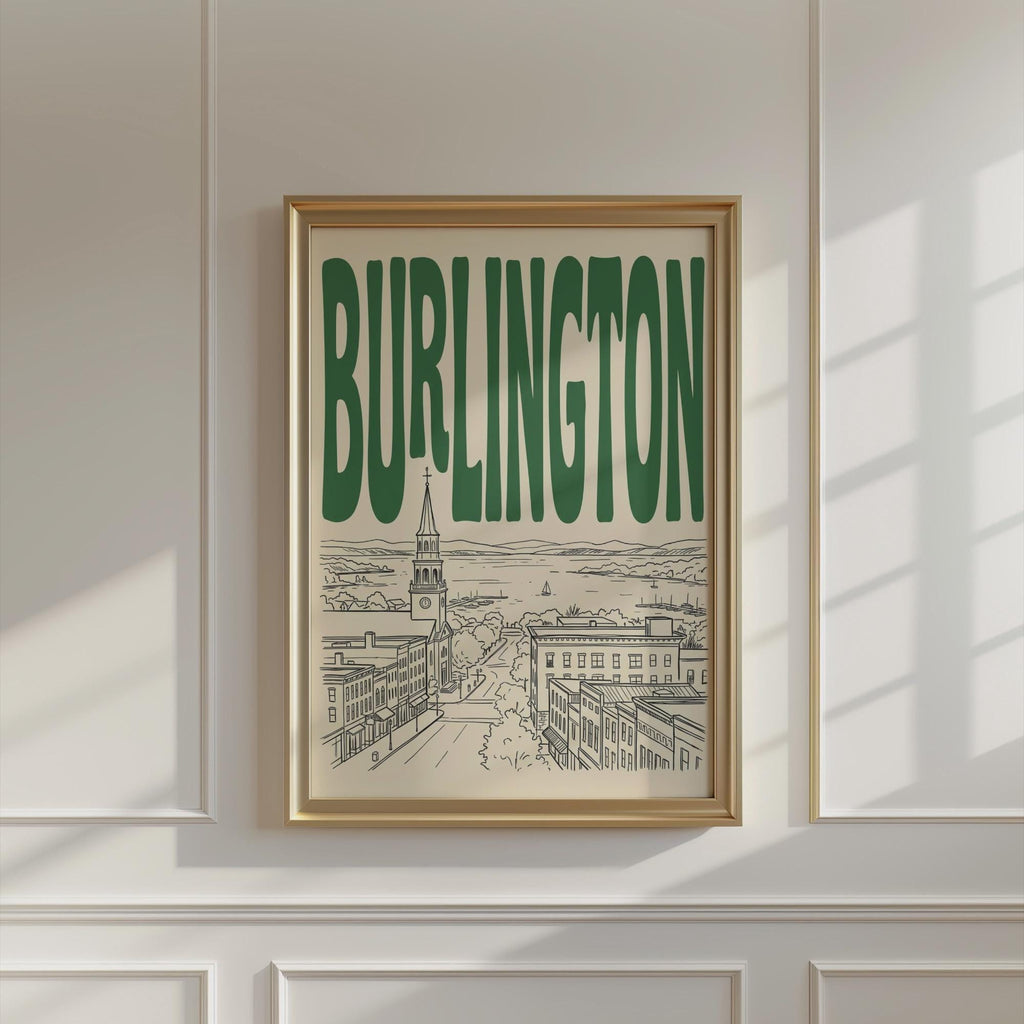 Burlington Vermont Skyline Wall Art, Framed Canvas Print, Retro Travel Decor