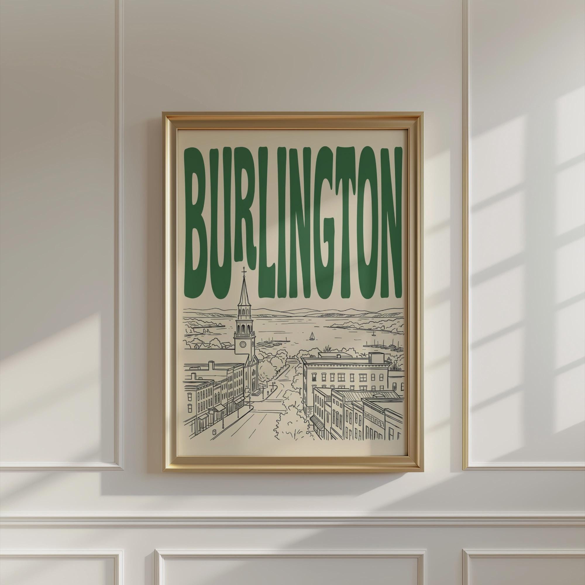 Burlington Vermont Skyline Wall Art, Framed Canvas Print, Retro Travel Decor