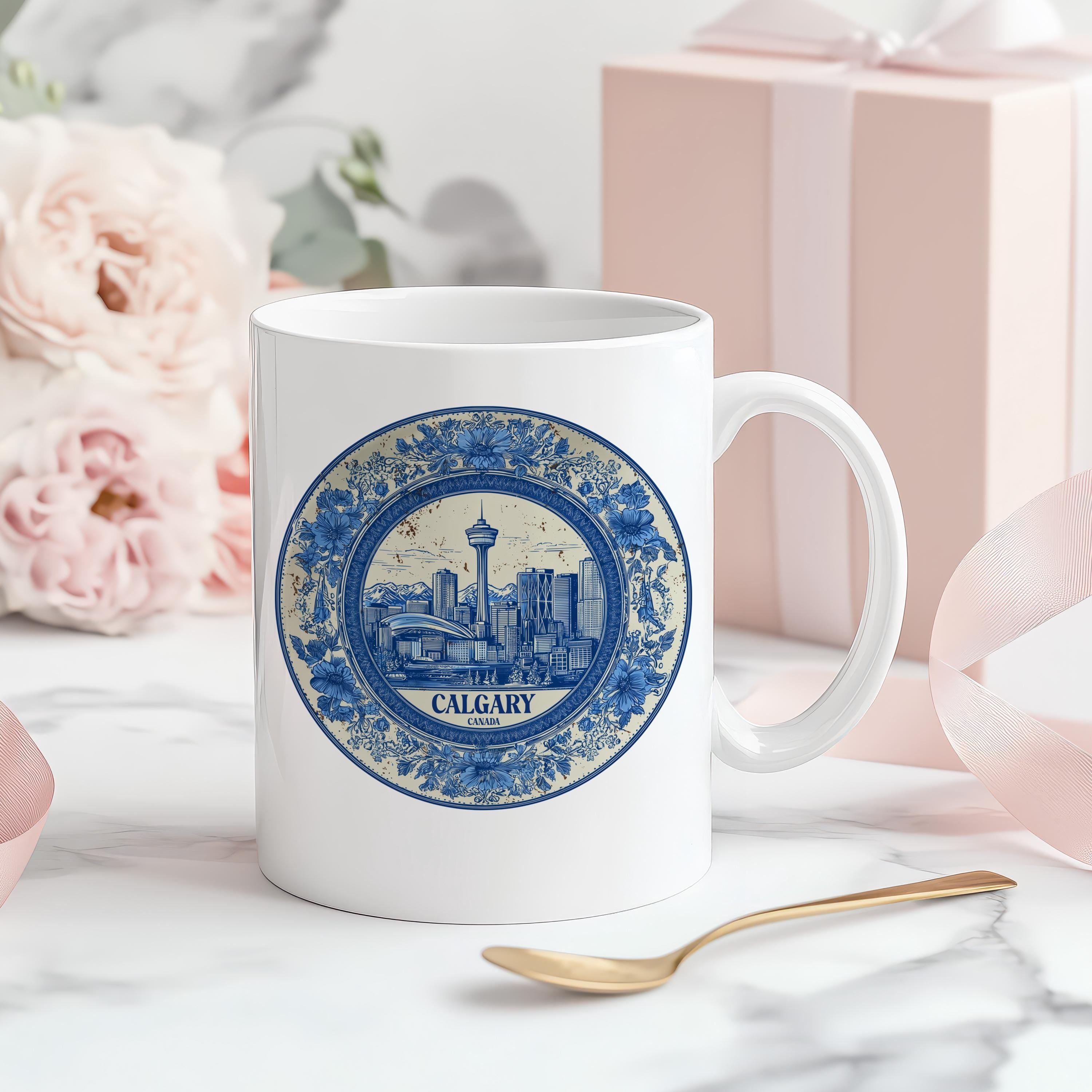 Calgary Canada Mug, Custom Delft Style cup, Personalized Vintage Travel City Gift