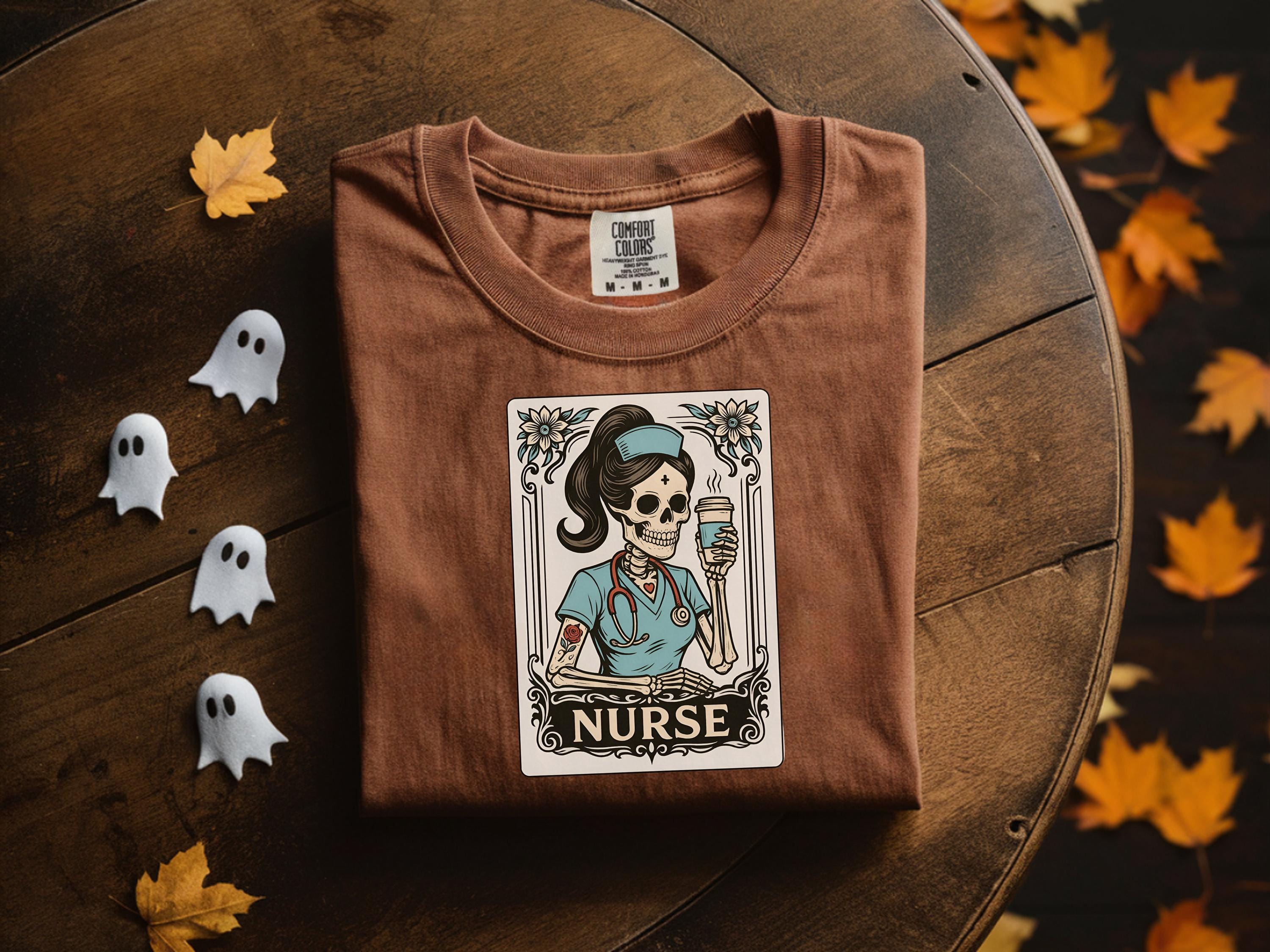 Spooky Nurse Tarot Card Sweatshirt, Gothic Skeleton RN Top, Halloween Witchy Medical Apparel, Retro Occult Pullover, Creepy Gift for Nurse