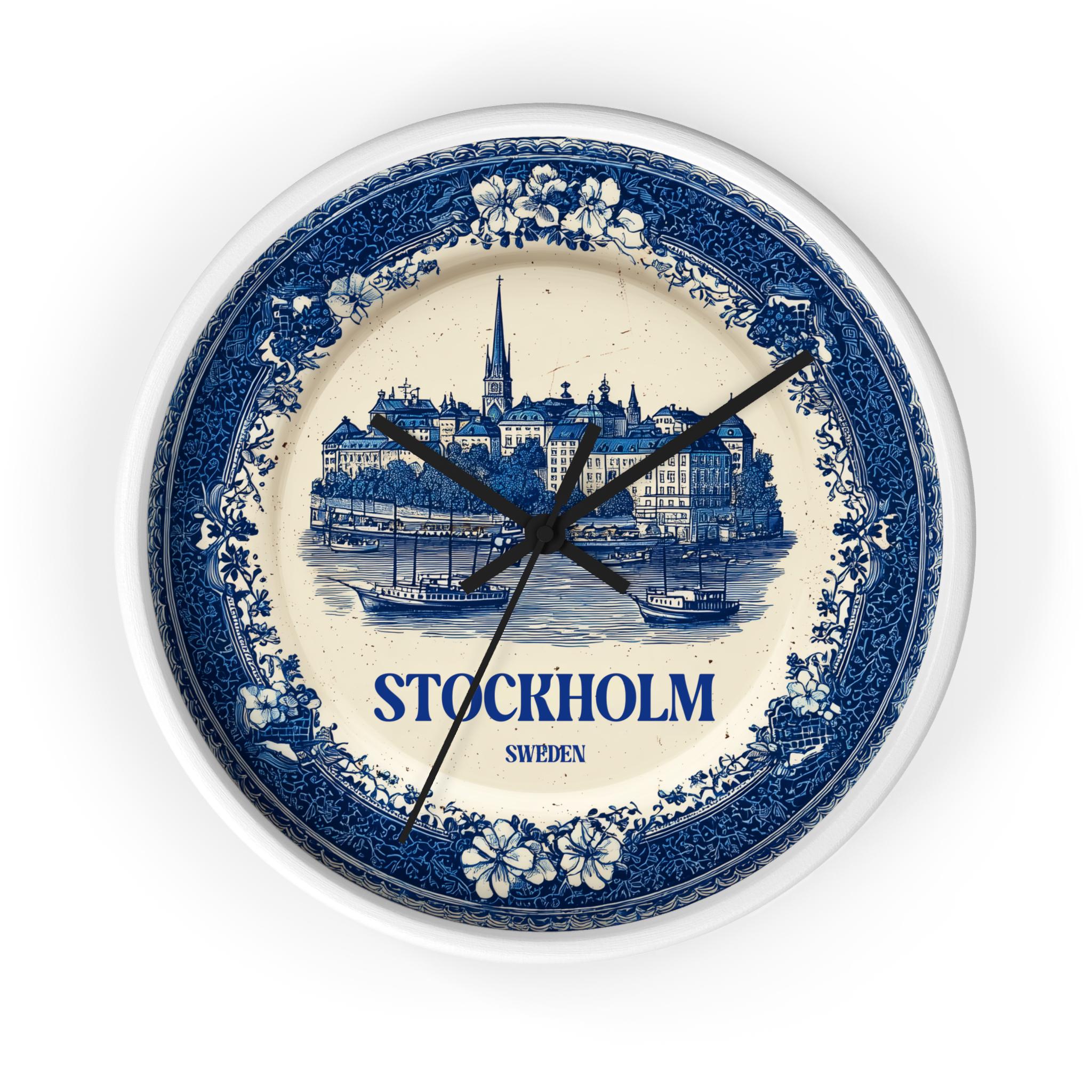 Stockholm Sweden Wall Clock, Delf style Home Decor, Vintage City Travel Keepsake Art