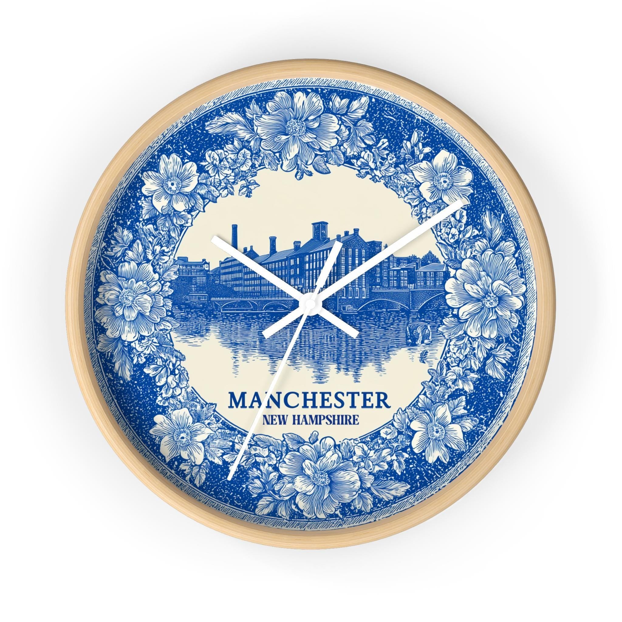 Manchester New Hampshire Wall Clock, Delf style Home Decor, Vintage City Travel Keepsake Art