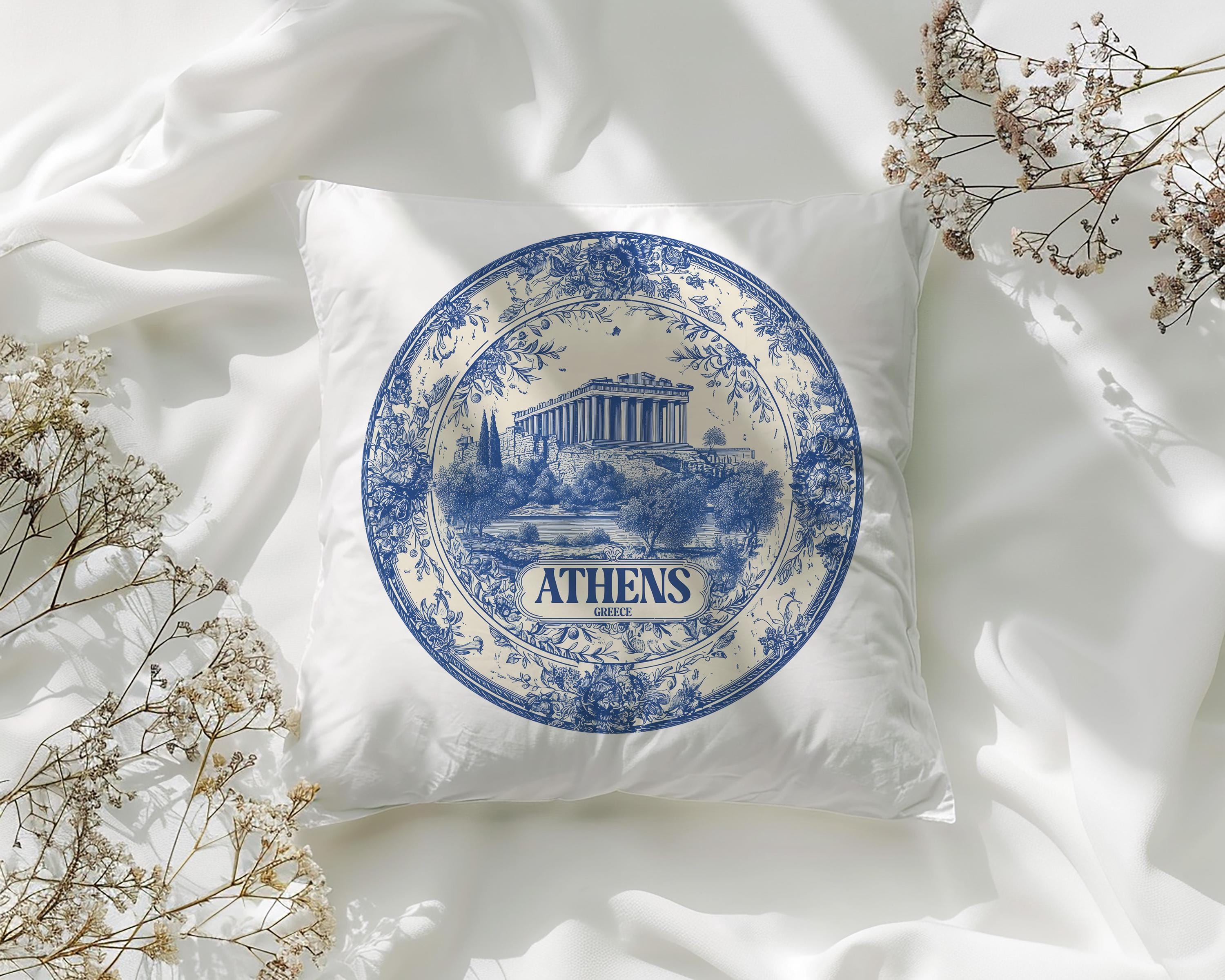 Athens Greece Pillowcase, Delft Style Decorative Throw Pillow, Vintage Cityscape Retro Home Decor