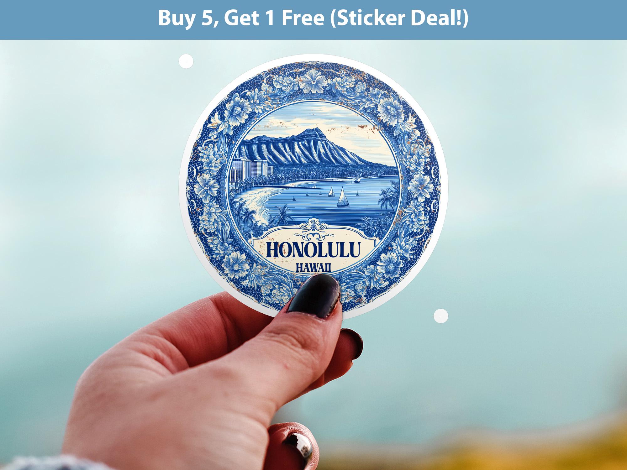 Honolulu Hawaii Sticker Vintage Delft style, Delftware Decal Waterproof Vinyl, Blue City Travel