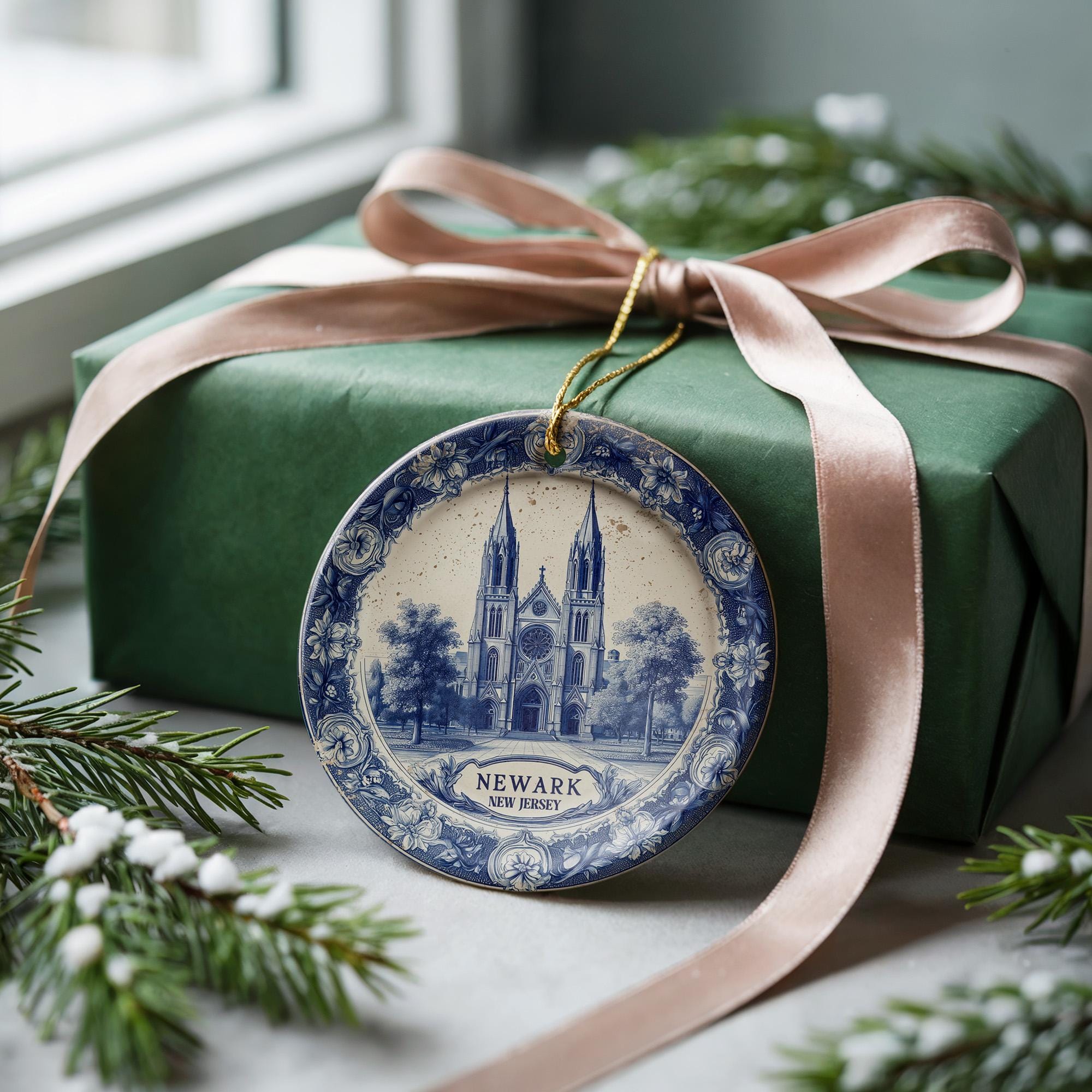 Custom Newark New Jersey Ceramic Delft Ornament, Christmas Delftware Blue Delftware city travel