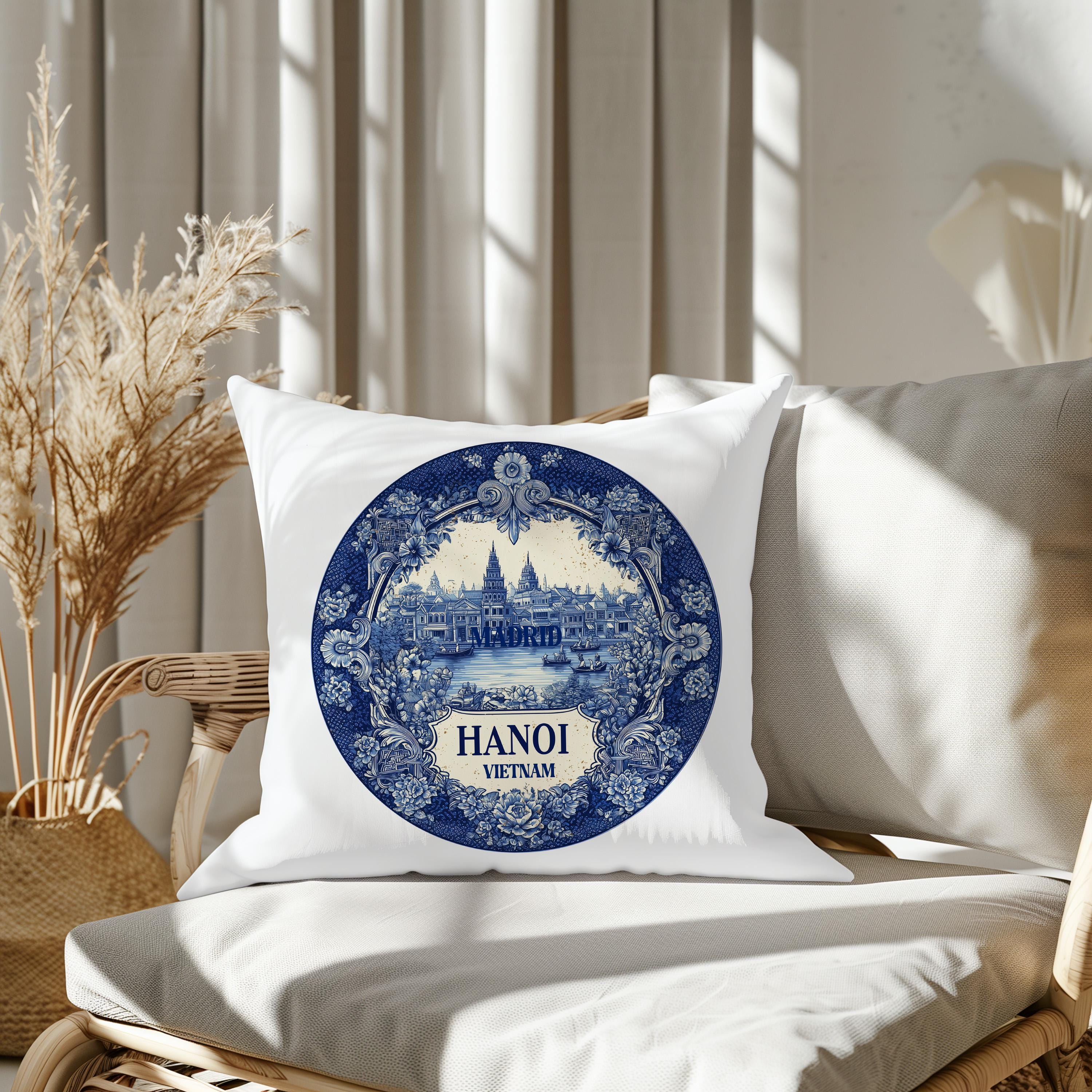 Hanoi Vietnam Pillowcase, Delft Style Decorative Throw Pillow, Vintage Cityscape Retro Home Decor