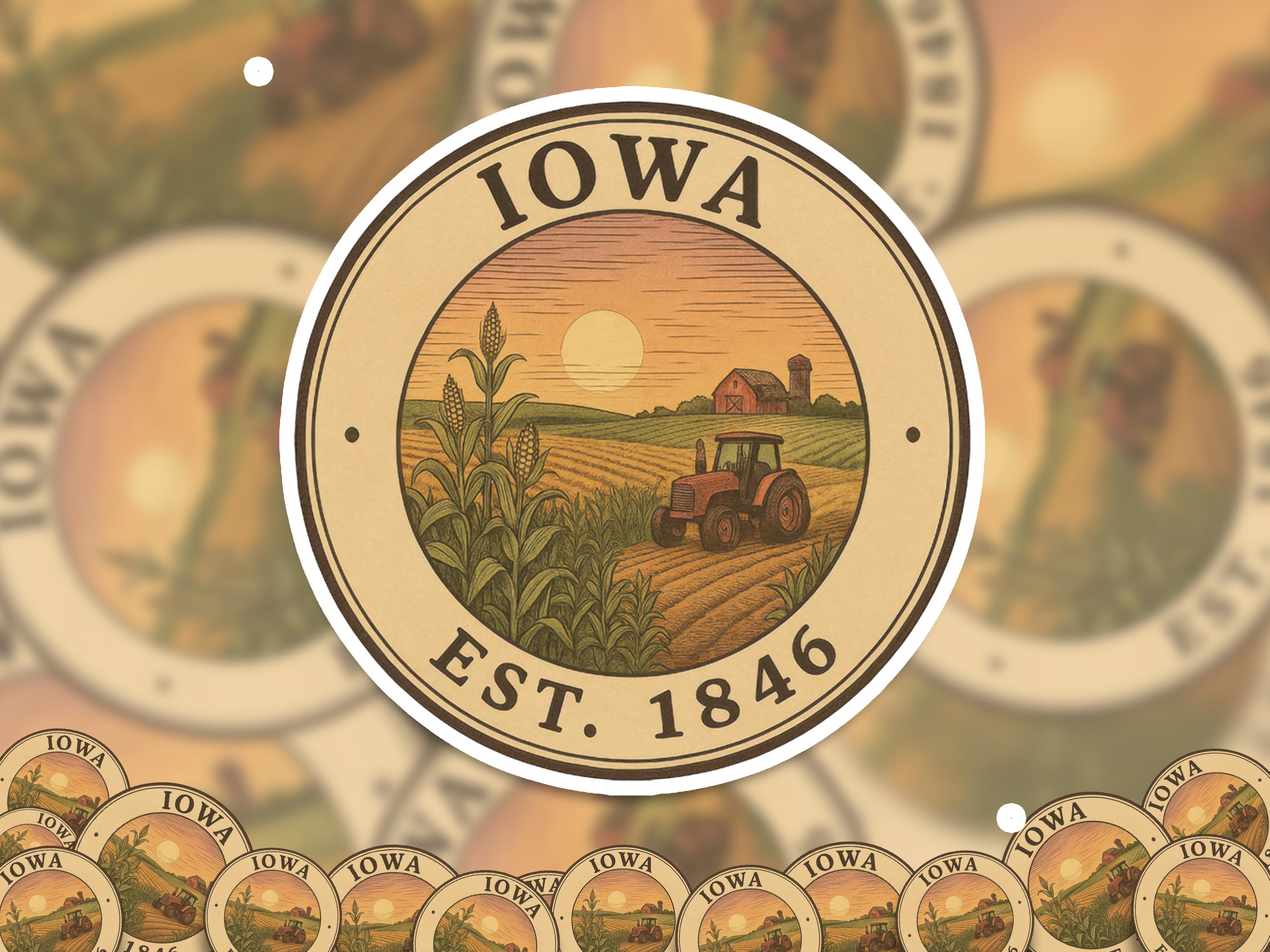 Iowa Sticker, Vintage US States Retro Decal, Waterproof Retro Travel Collection for Laptop Tumbler