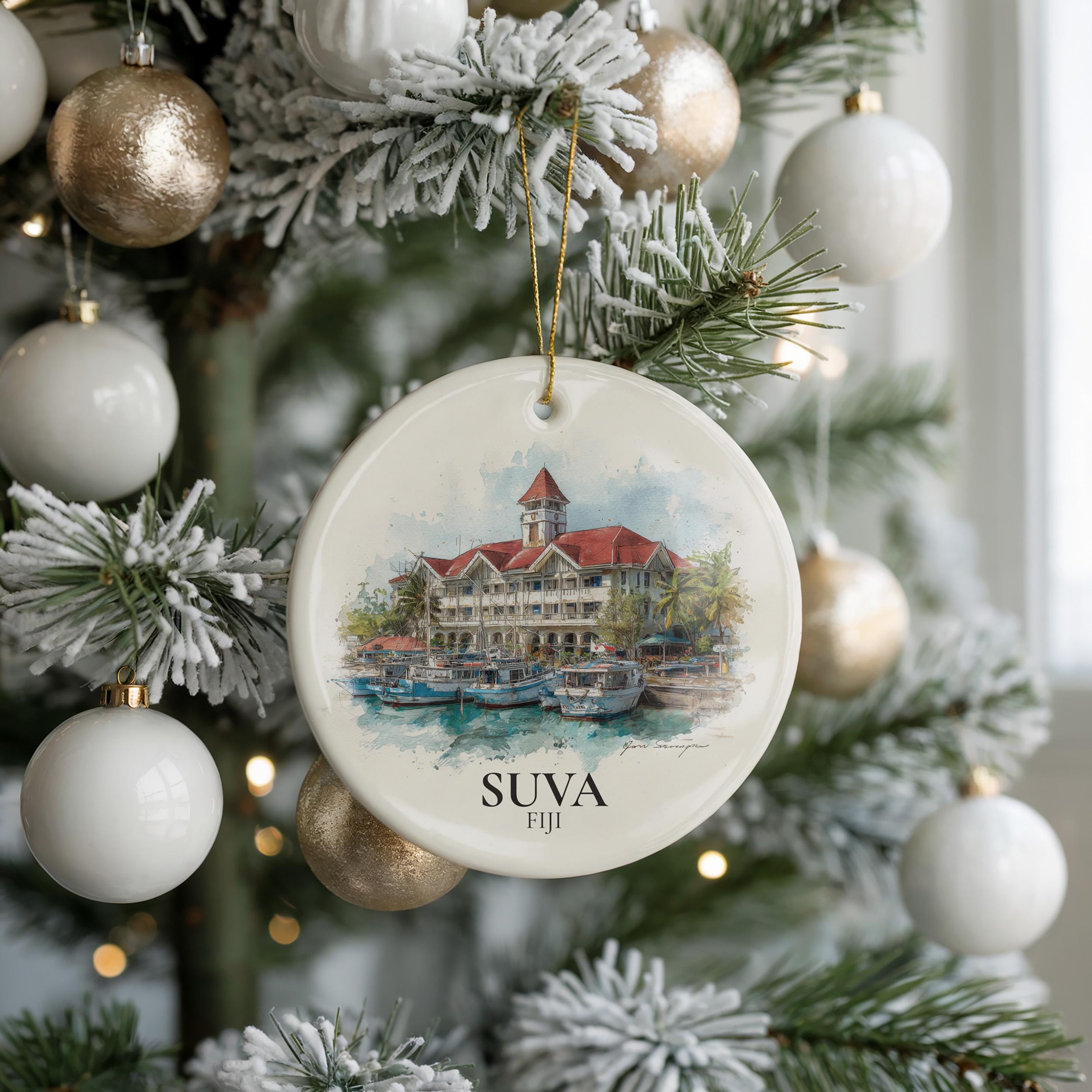 Suva Fiji Personalized Watercolor Ornament, Custom Ceramic Christmas gift, Travel Keepsake