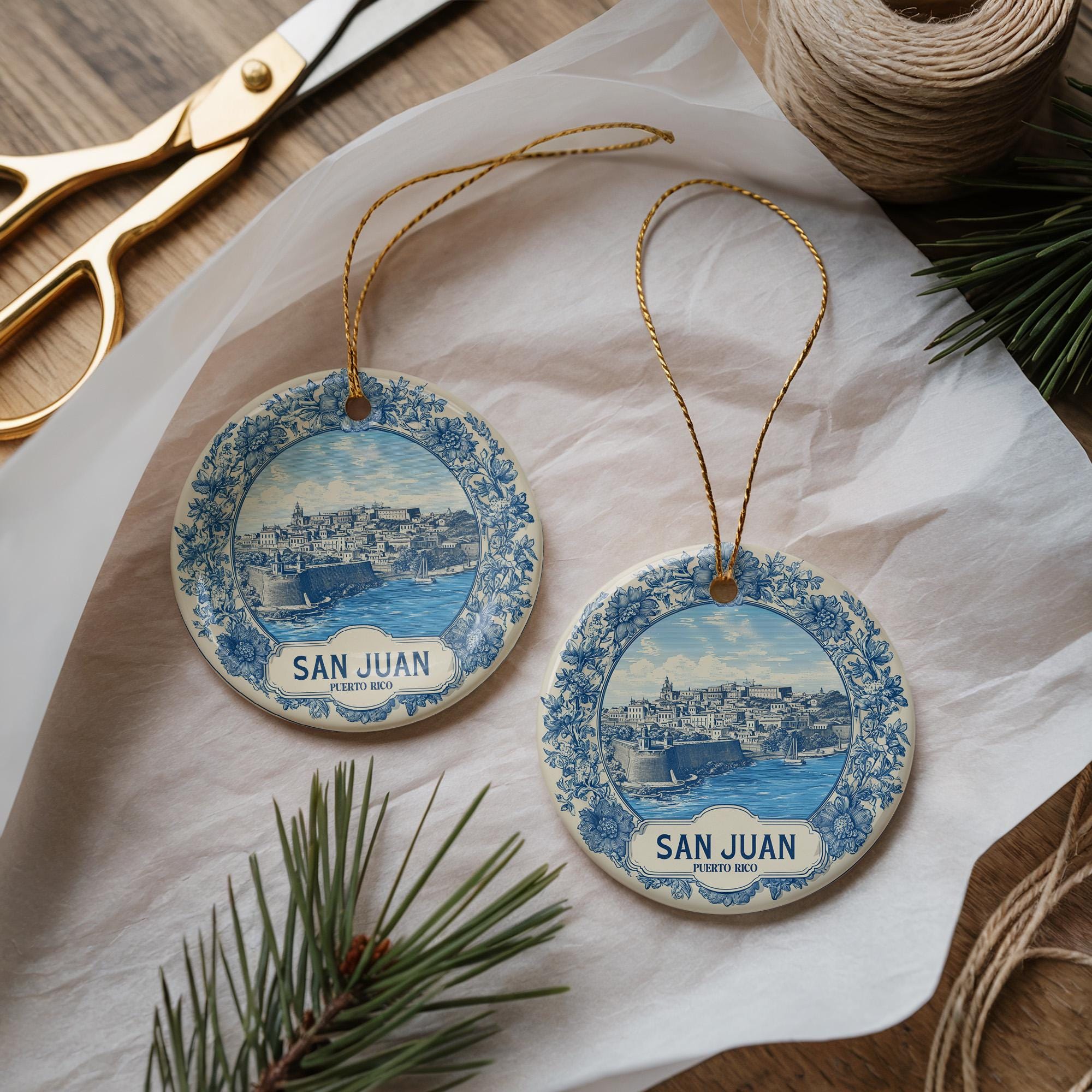 Custom San Juan Puerto Rico Ceramic Delft Ornament, Christmas Delftware Blue Delftware city travel