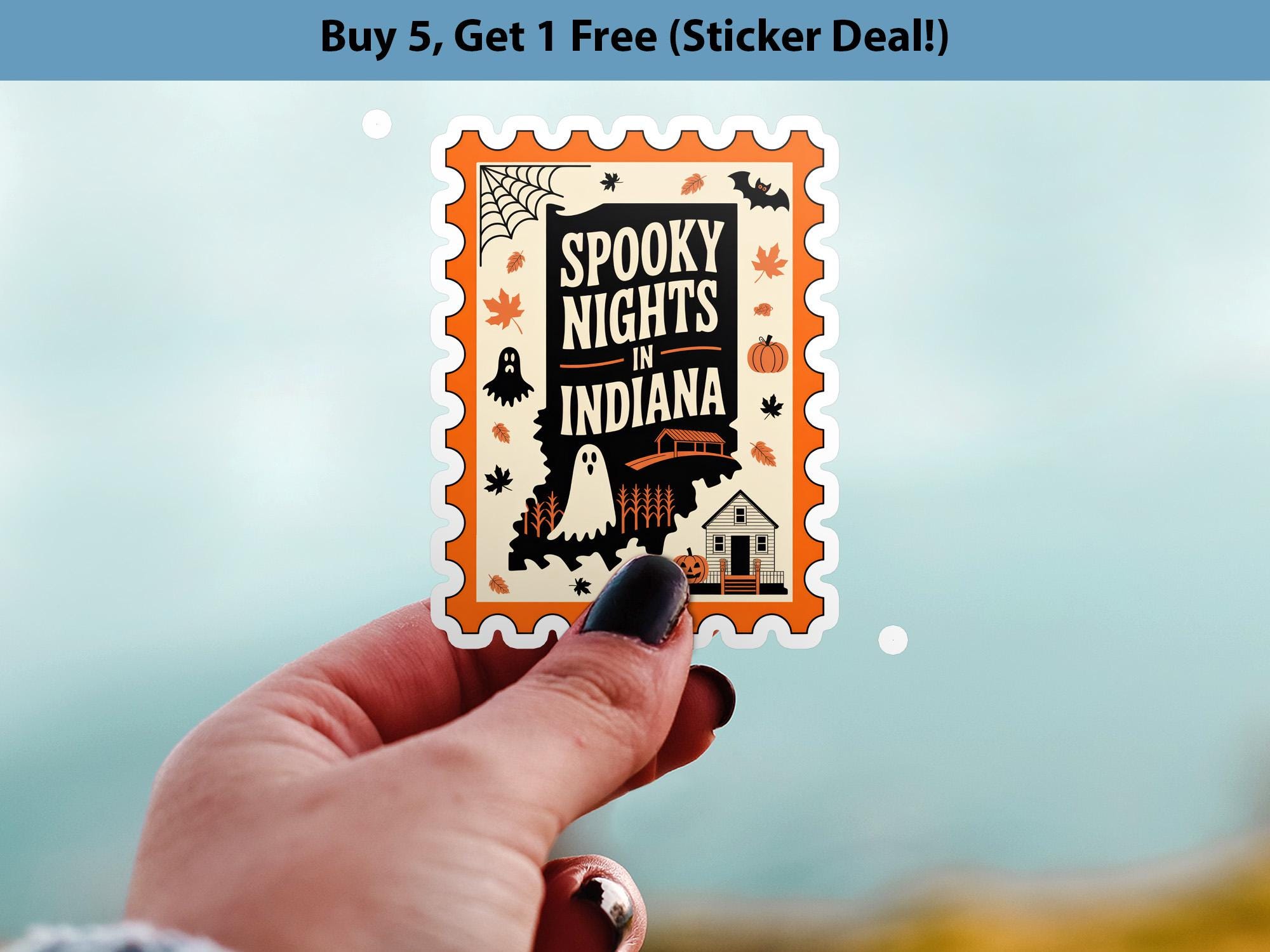 Indiana Stamp Halloween Sticker, Spooky USA Kiss-Cut Vinyl, Waterproof Decal, United States Travel