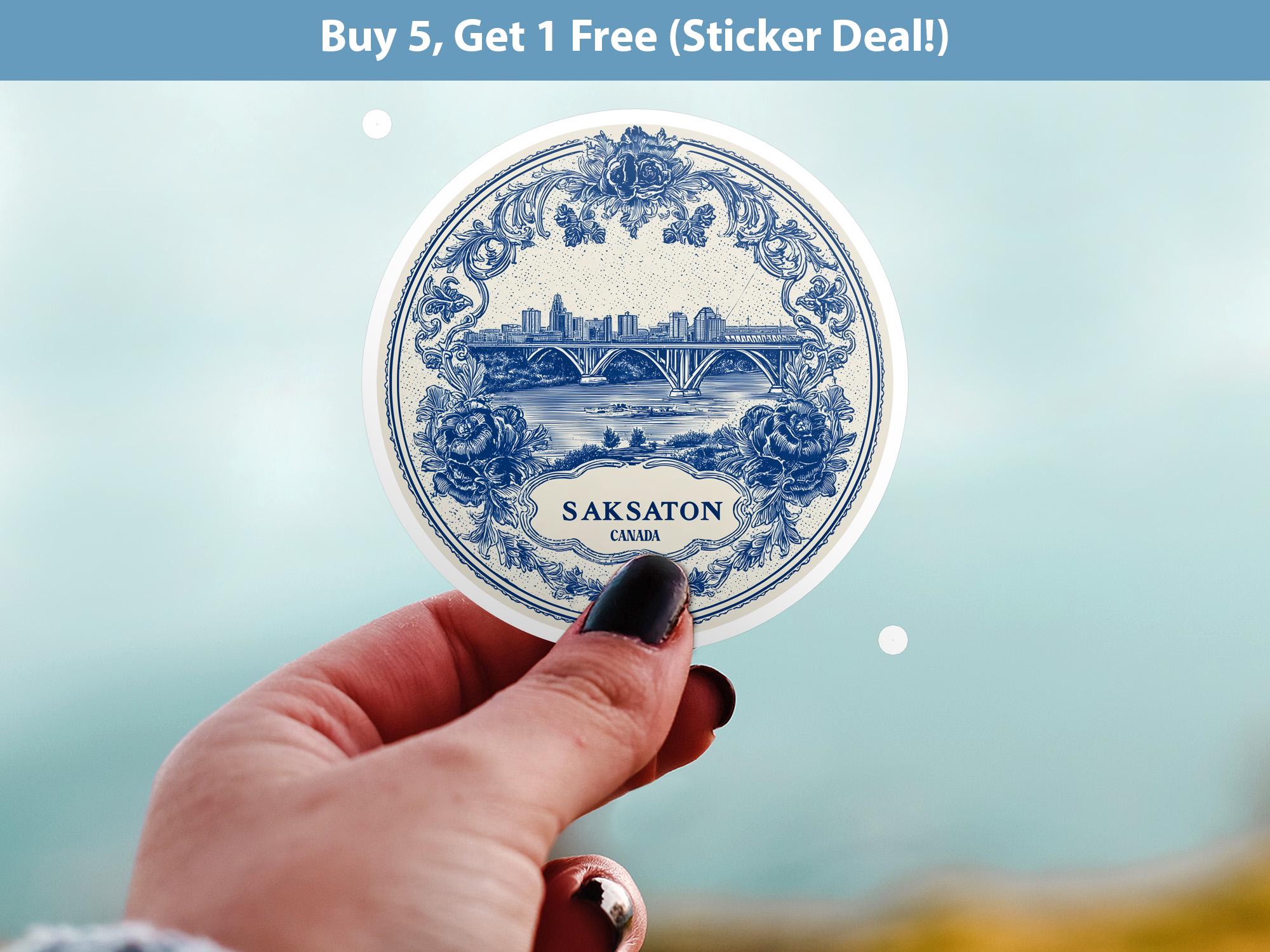 Saskatoon Canada Sticker Vintage Delft style, Delftware Decal Waterproof Vinyl, Blue City Travel