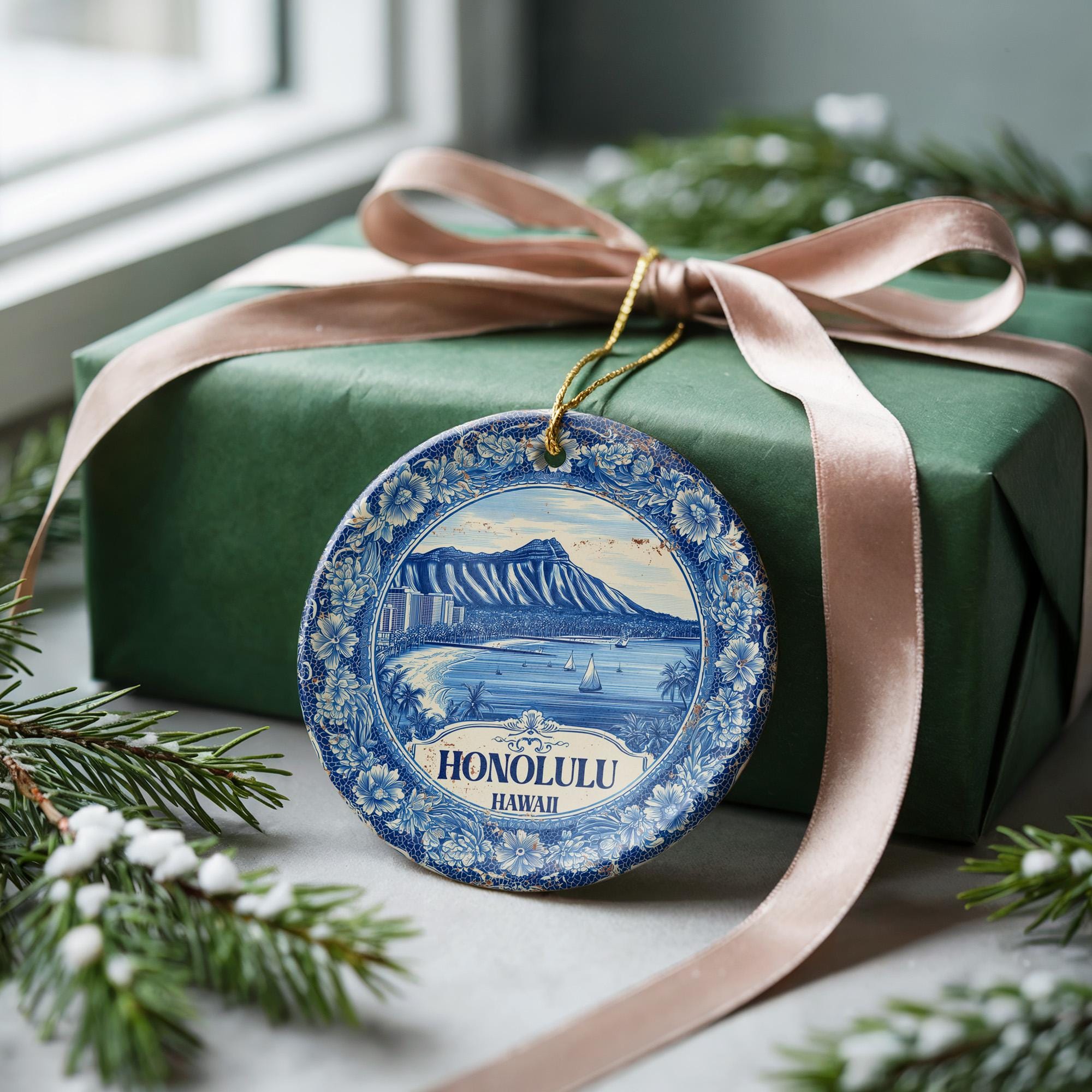 Custom Honolulu Hawaii Ceramic Delft Ornament, Christmas Delftware Blue Delftware city travel