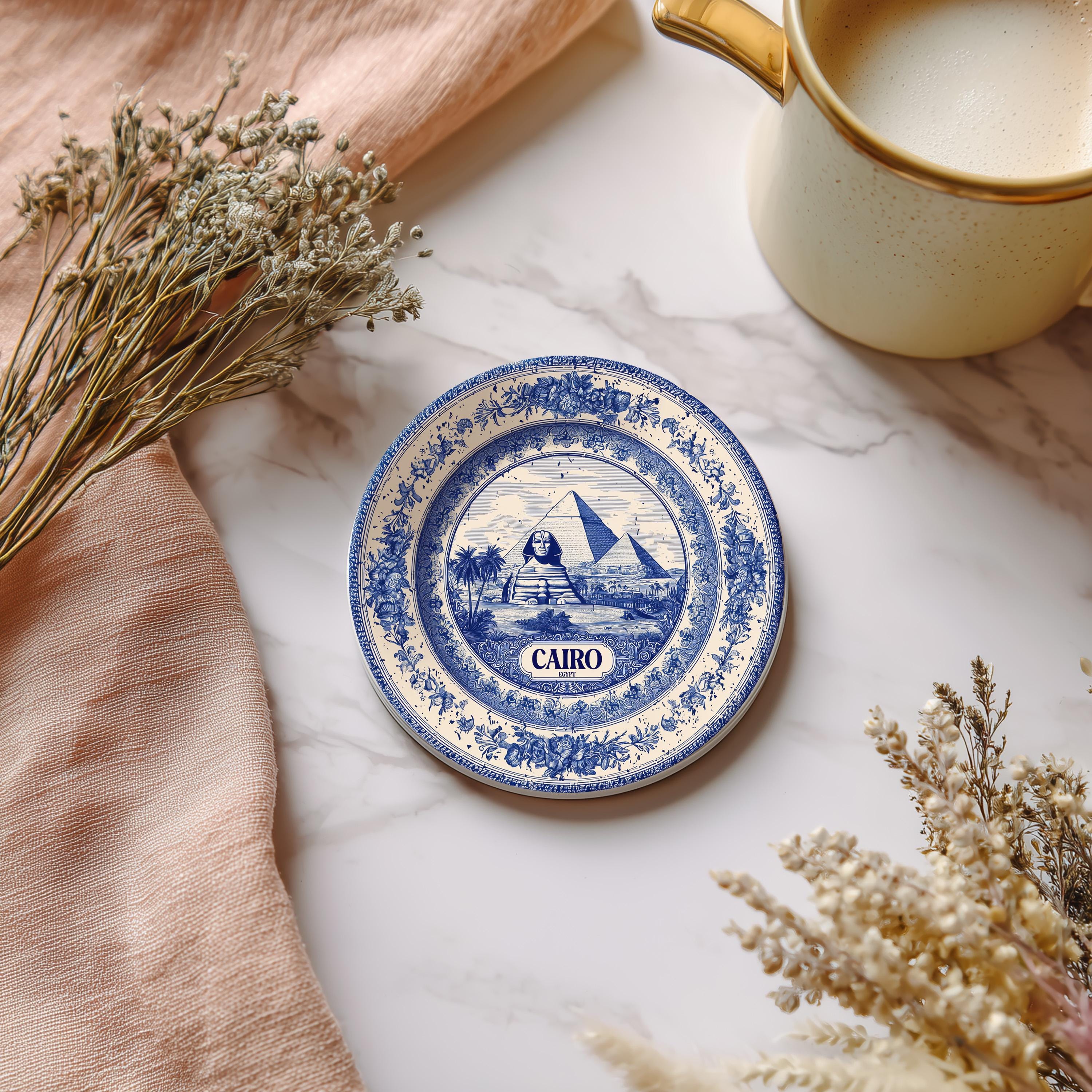 Cairo Egypt Delftware Ceramic Coaster, Blue White Travel Gift, Vintage Home Decor Collectible