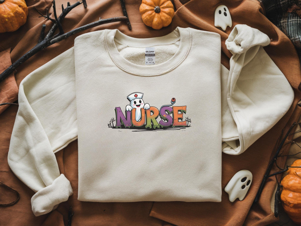 Cute Halloween Nurse Sweatshirt, Cartoon Ghost RN Letters Shirt, Fall Nursing Pullover, Spooky Nurse Halloween Shirt Gift for Nurse RN