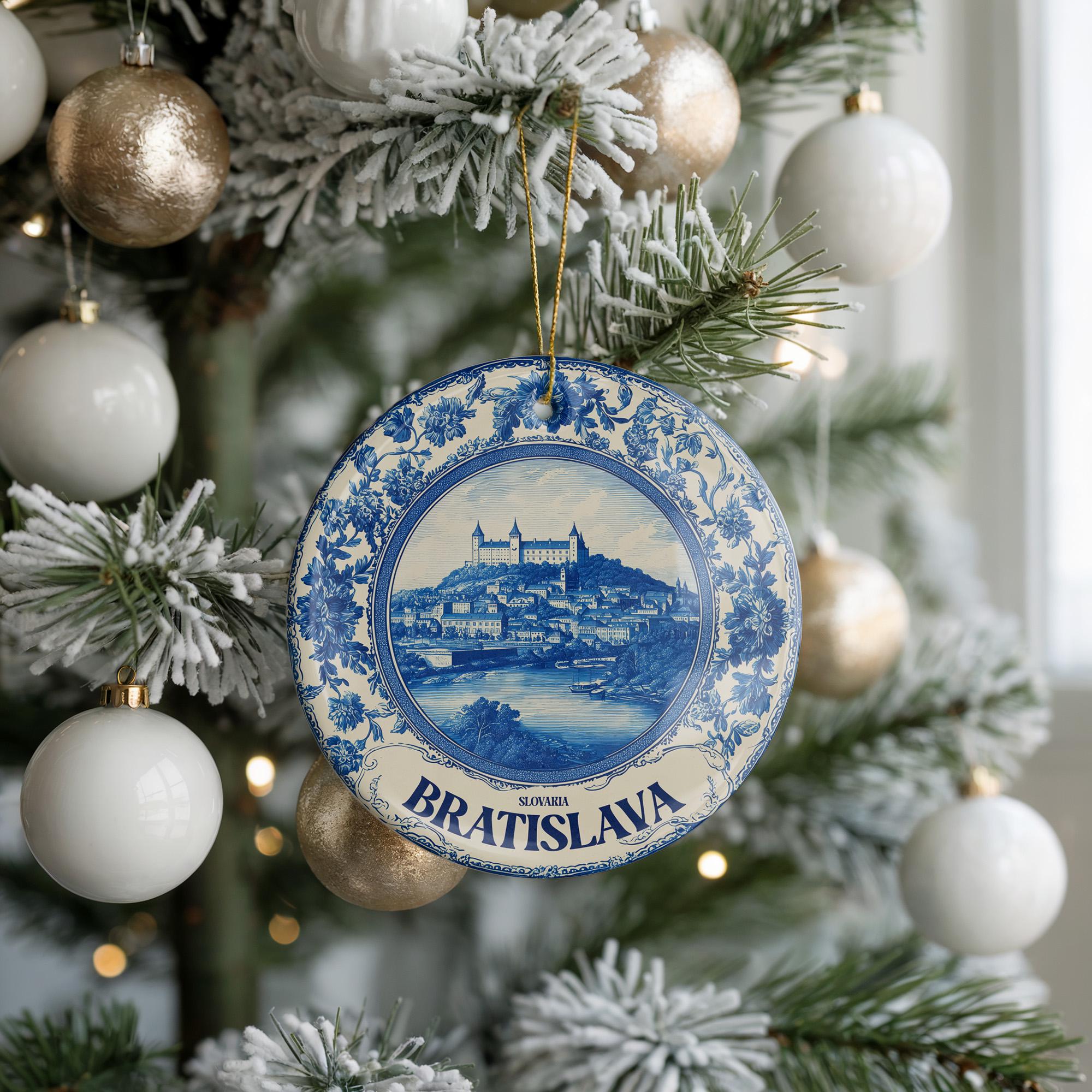 Custom Bratislava Slovakia Ceramic Delft Ornament, Christmas Delftware Blue Delftware city travel