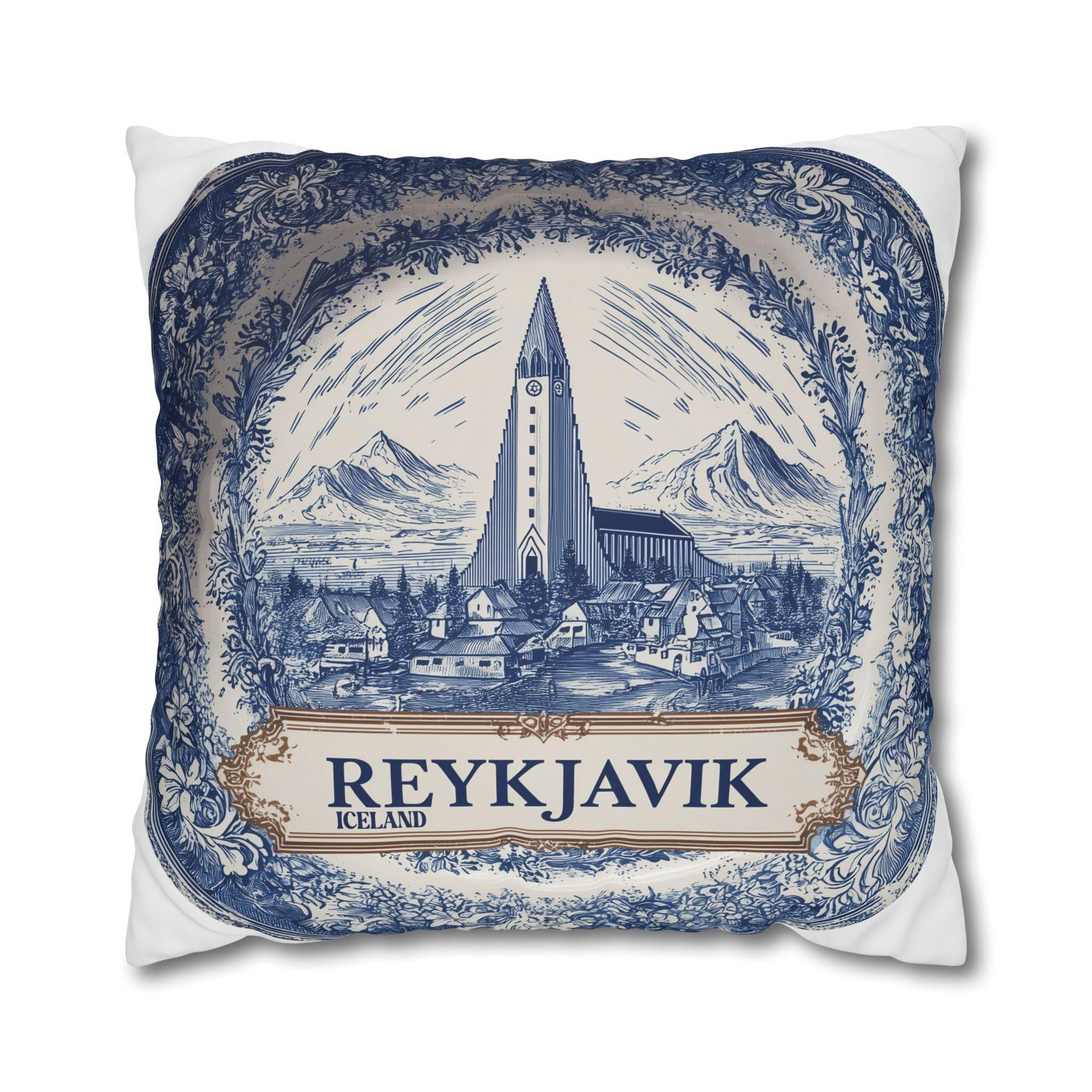 Reykjavik Iceland Pillowcase, Delft Style Decorative Throw Pillow, Vintage Cityscape Retro Home Decor
