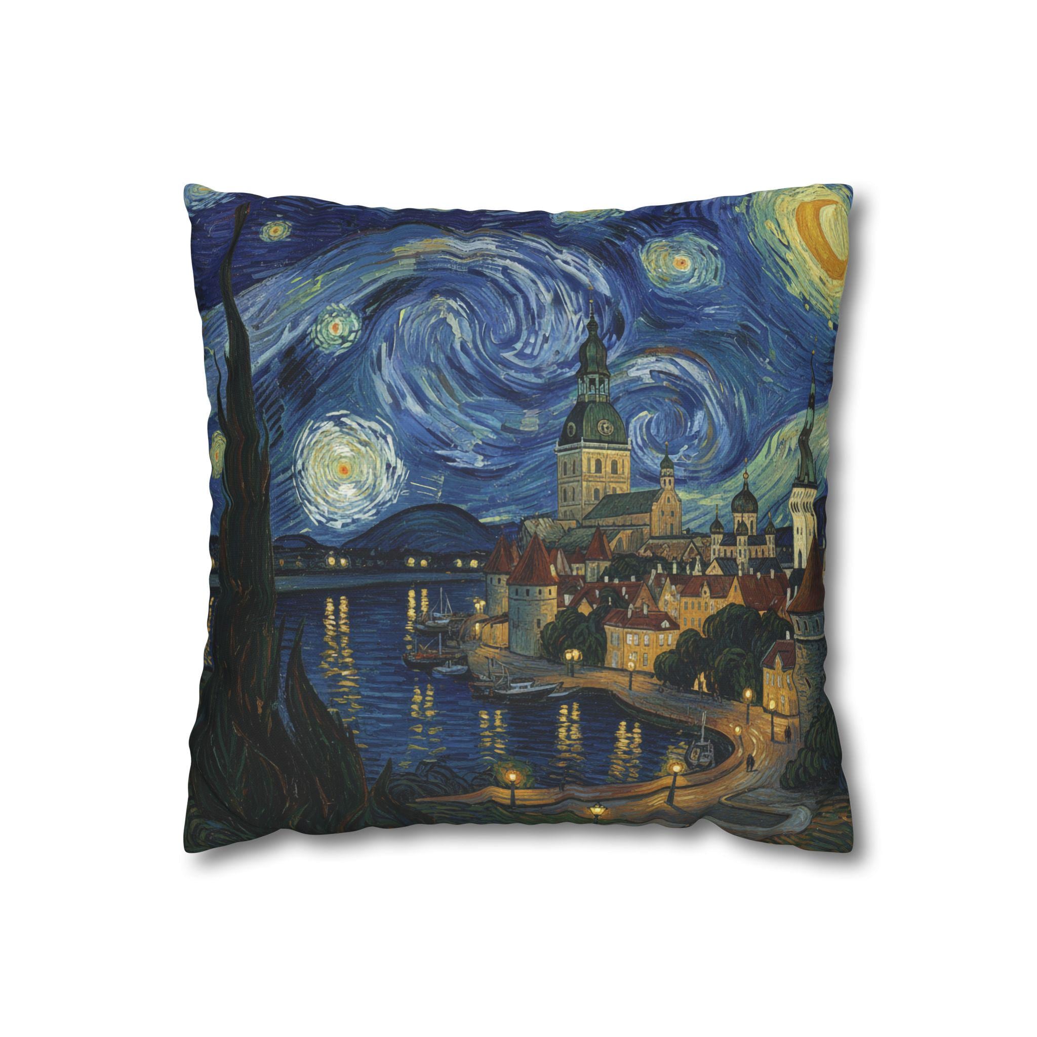 Riga Latvia Pillowcase Starry Night, Van Gogh Throw Pillow Canvas Home Decor Gift
