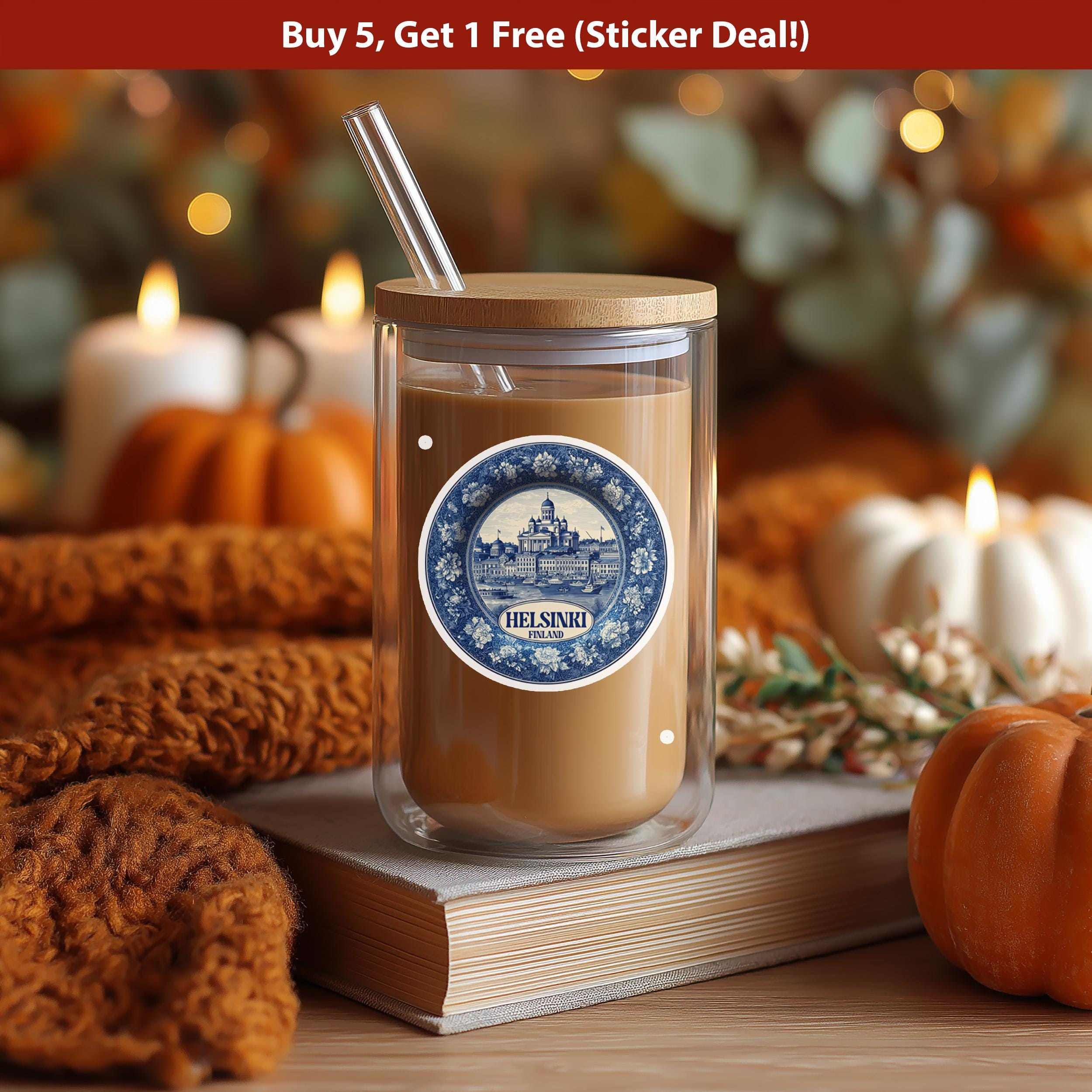 Helsinki Finland Sticker Vintage Delft style, Delftware Decal Waterproof Vinyl, Blue City Travel