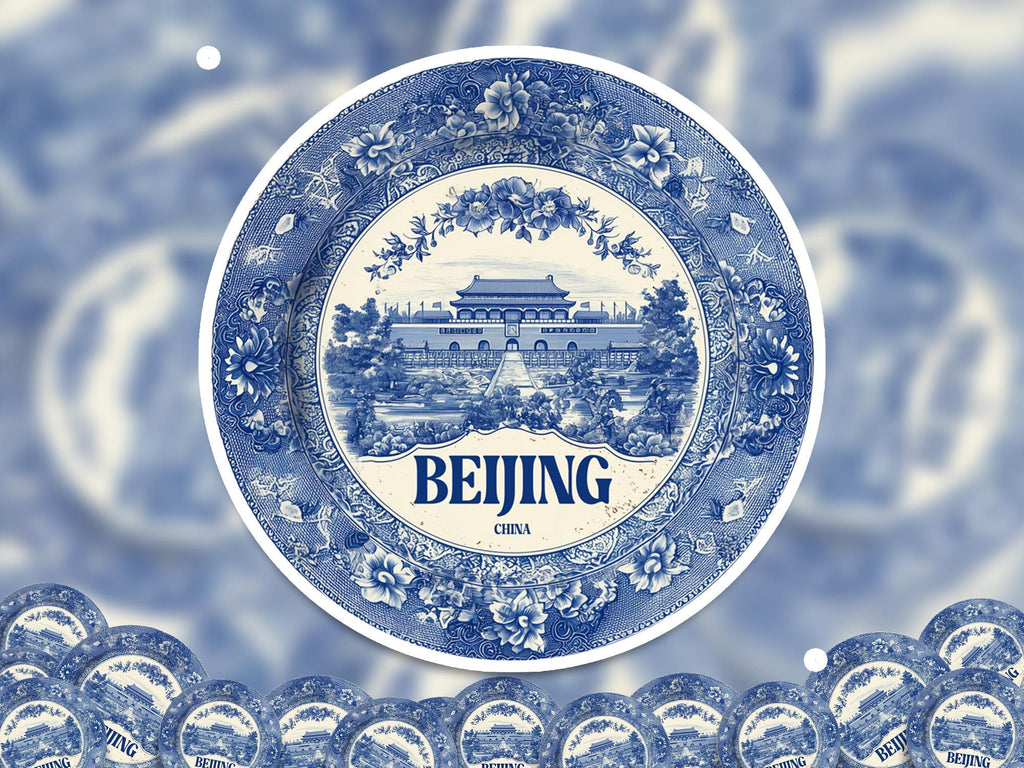 Beijing China Sticker Vintage Delft style, Delftware Decal Waterproof Vinyl, Blue City Travel
