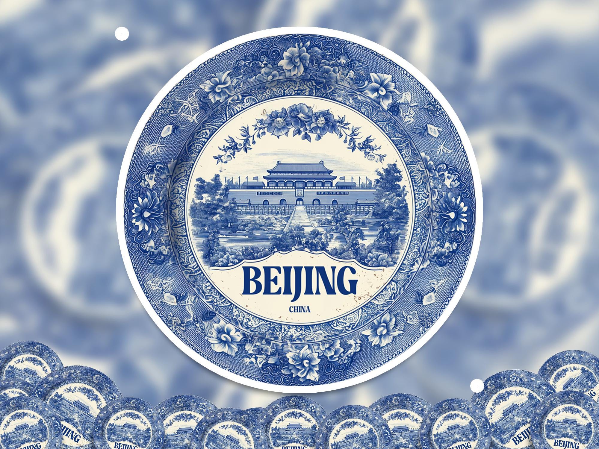 Beijing China Sticker Vintage Delft style, Delftware Decal Waterproof Vinyl, Blue City Travel