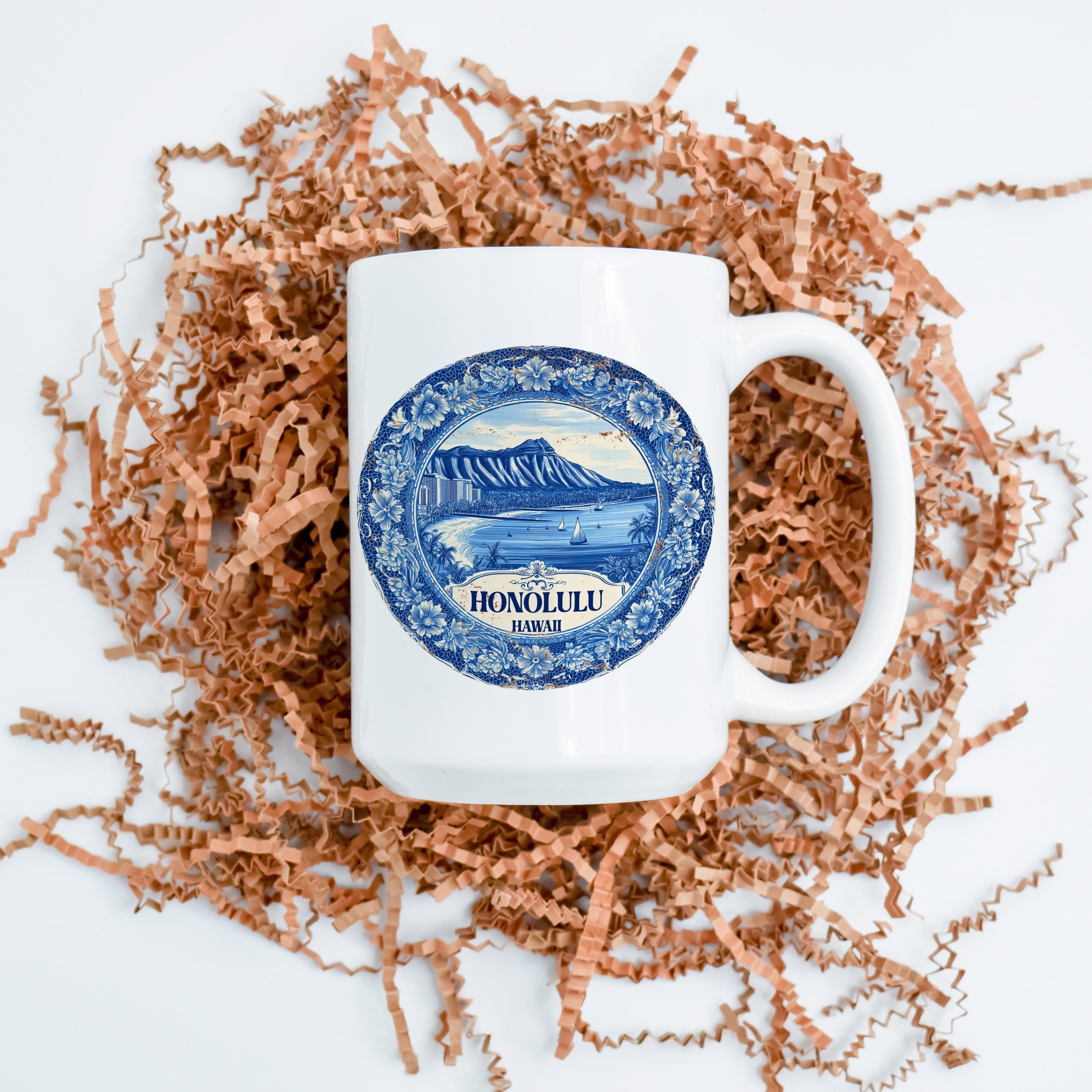 Honolulu Hawaii Mug, Custom Delft Style cup, Personalized Vintage Travel City Gift