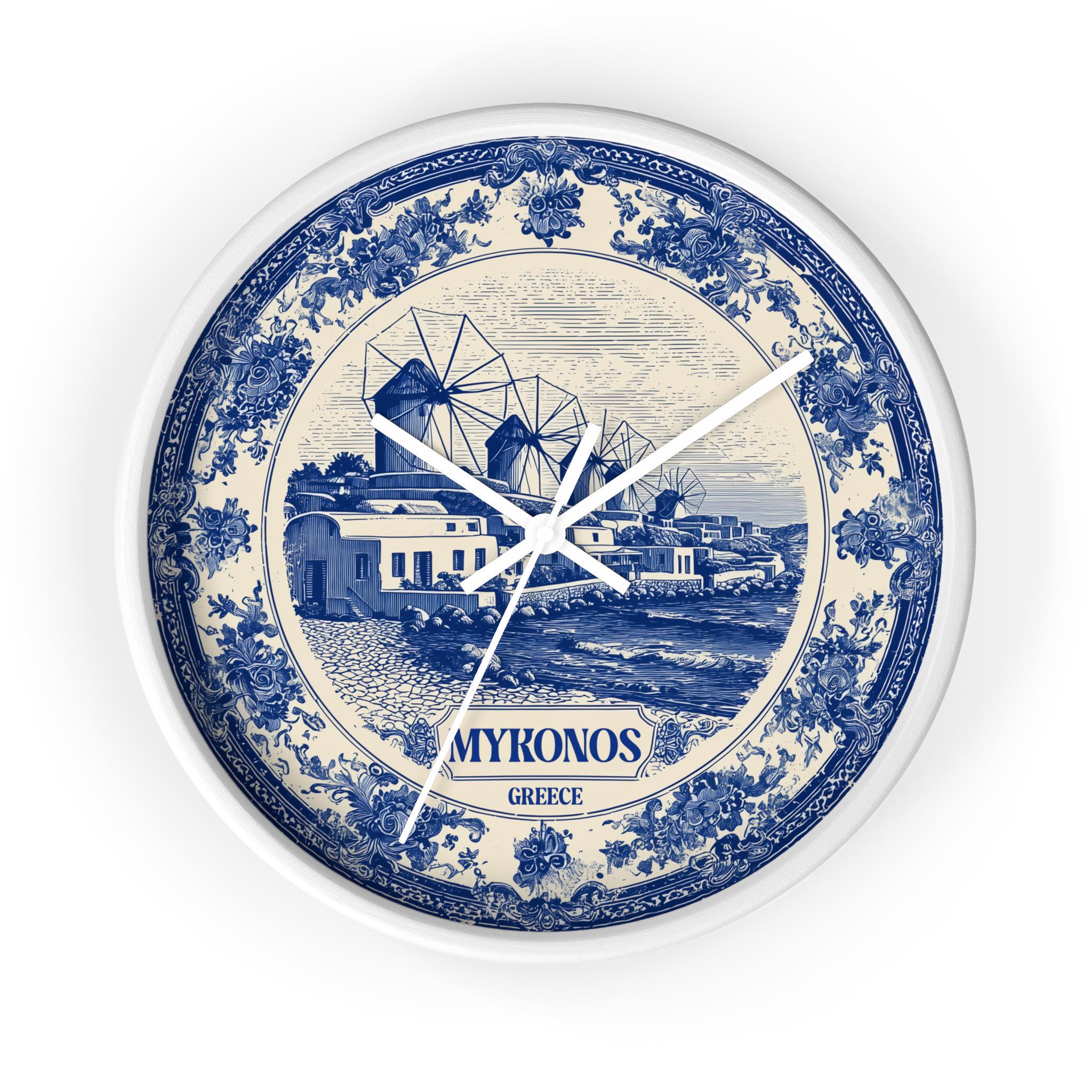 Mykonos Greece Wall Clock, Delf style Home Decor, Vintage City Travel Keepsake Art
