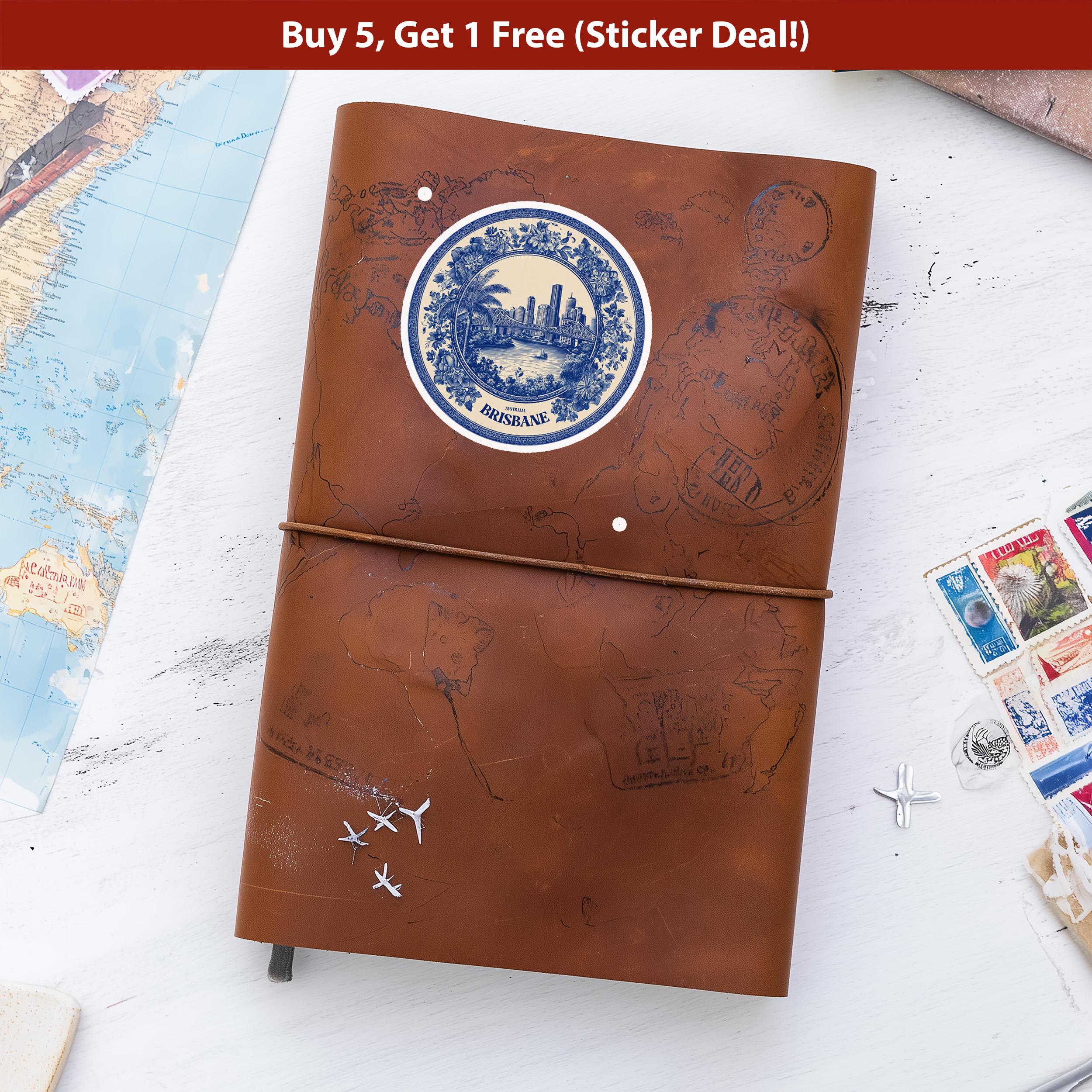 Brisbane Australia Sticker Vintage Delft style, Delftware Decal Waterproof Vinyl, Blue City Travel