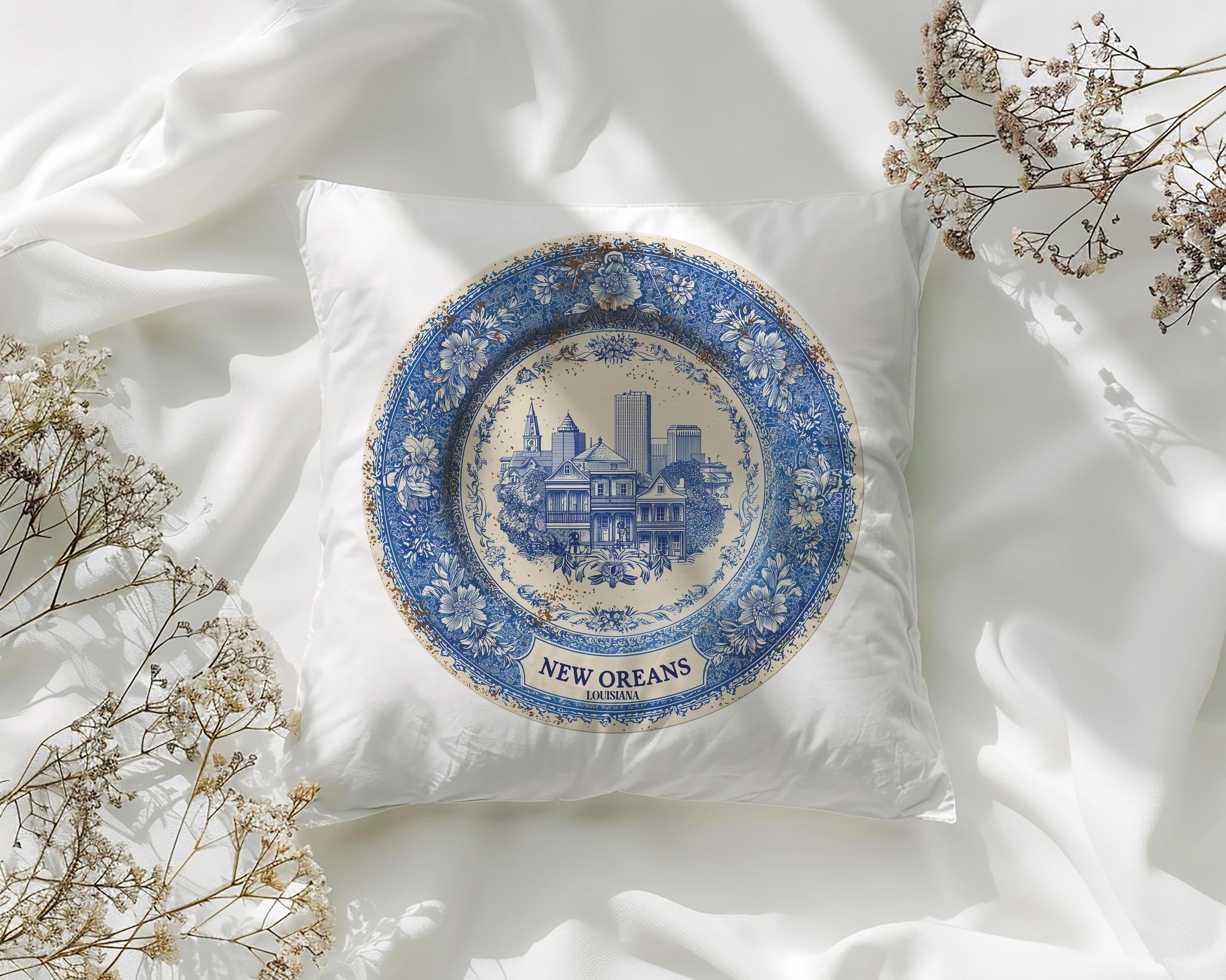 New Orleans Louisiana Pillowcase, Delft Style Decorative Throw Pillow, Vintage Cityscape Retro Home Decor