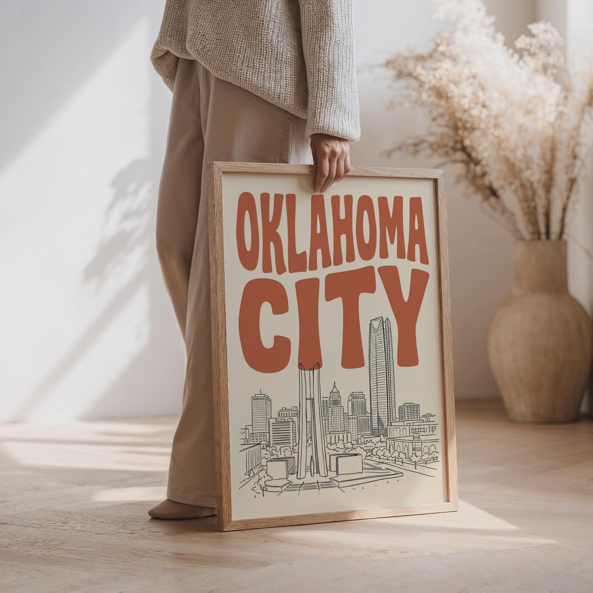 Oklahoma City Skyline Wall Art, Framed Canvas Print, Retro Home Decor
